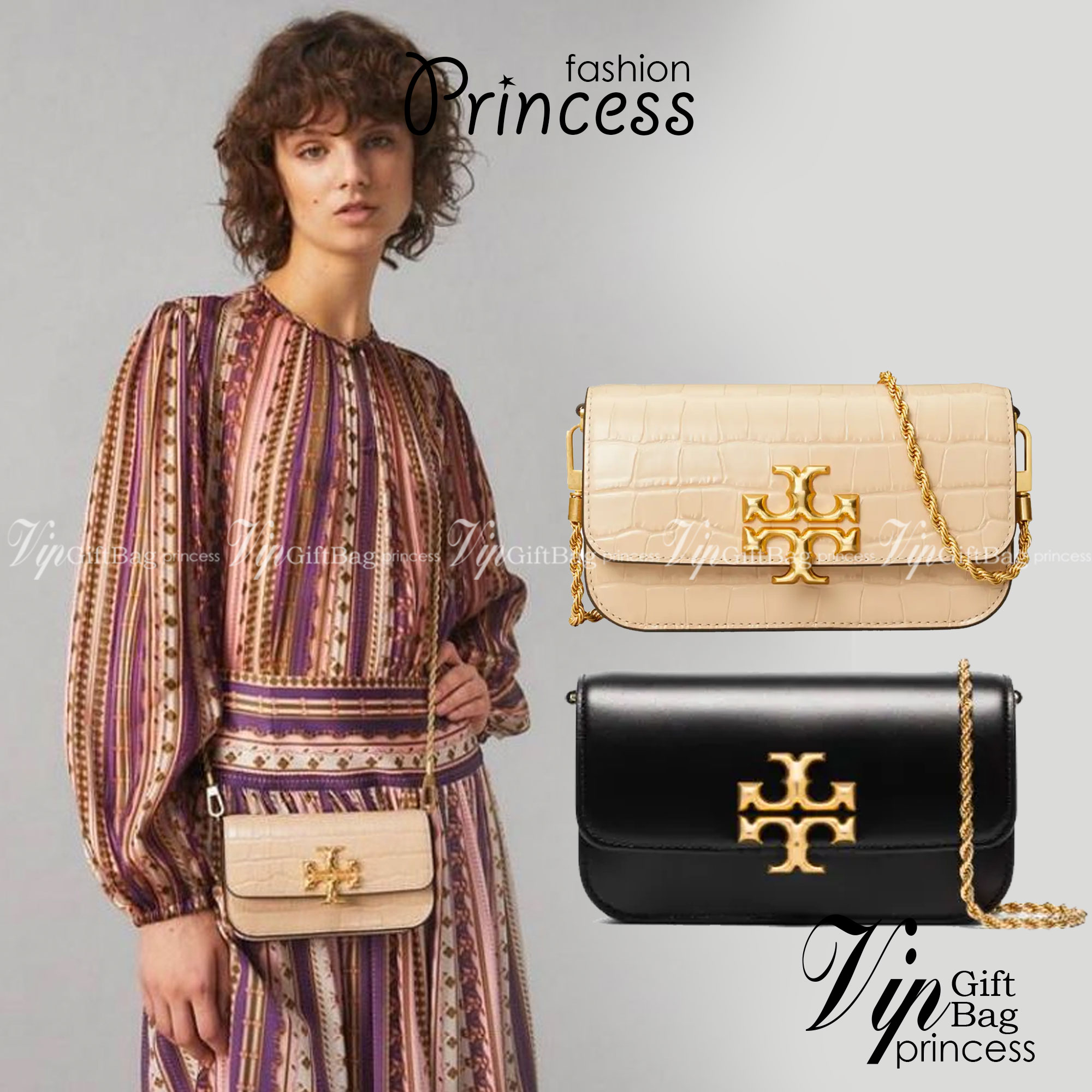 Tory Burch Eleanor Crocodile-Embossed Phone Crossbody Bag จุดเด่นของรุ่นนี้คือดีไซน์ออกมาในสไตล์คลาสสิกที่มาพร้อมกับฮาร์ดแวร์ที่ทำจากวัสดุทองเหลืองและสายสะพายโซ่เกลียวสีทอง ซึ่งการออกแบบได้รับแรงบันดาลใจมาจากเครื่องประดับ รูปทรงกะทัดรัดจึงสามารถสะพายใช้งา