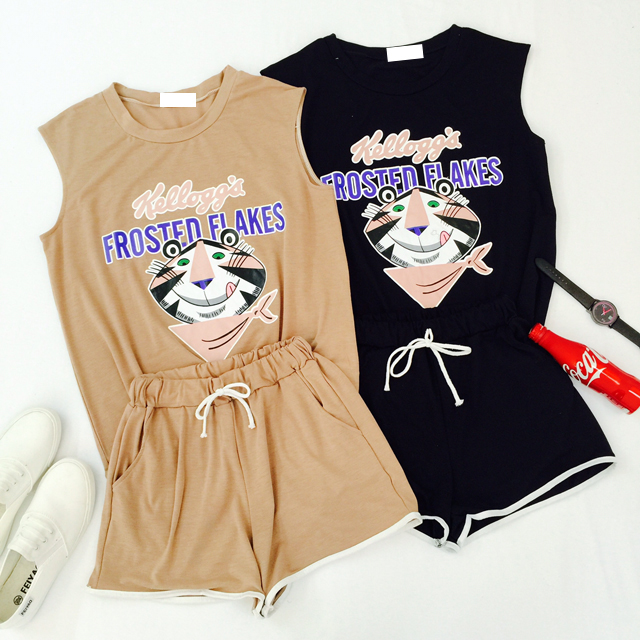พร้อมส่ง 2 สี เซต 2 ชิ้น 🥦 Frosted flakes set เซตเสื้อแขนกุด & กางเกงขาสั้นเอวยางยืด (IN32257)