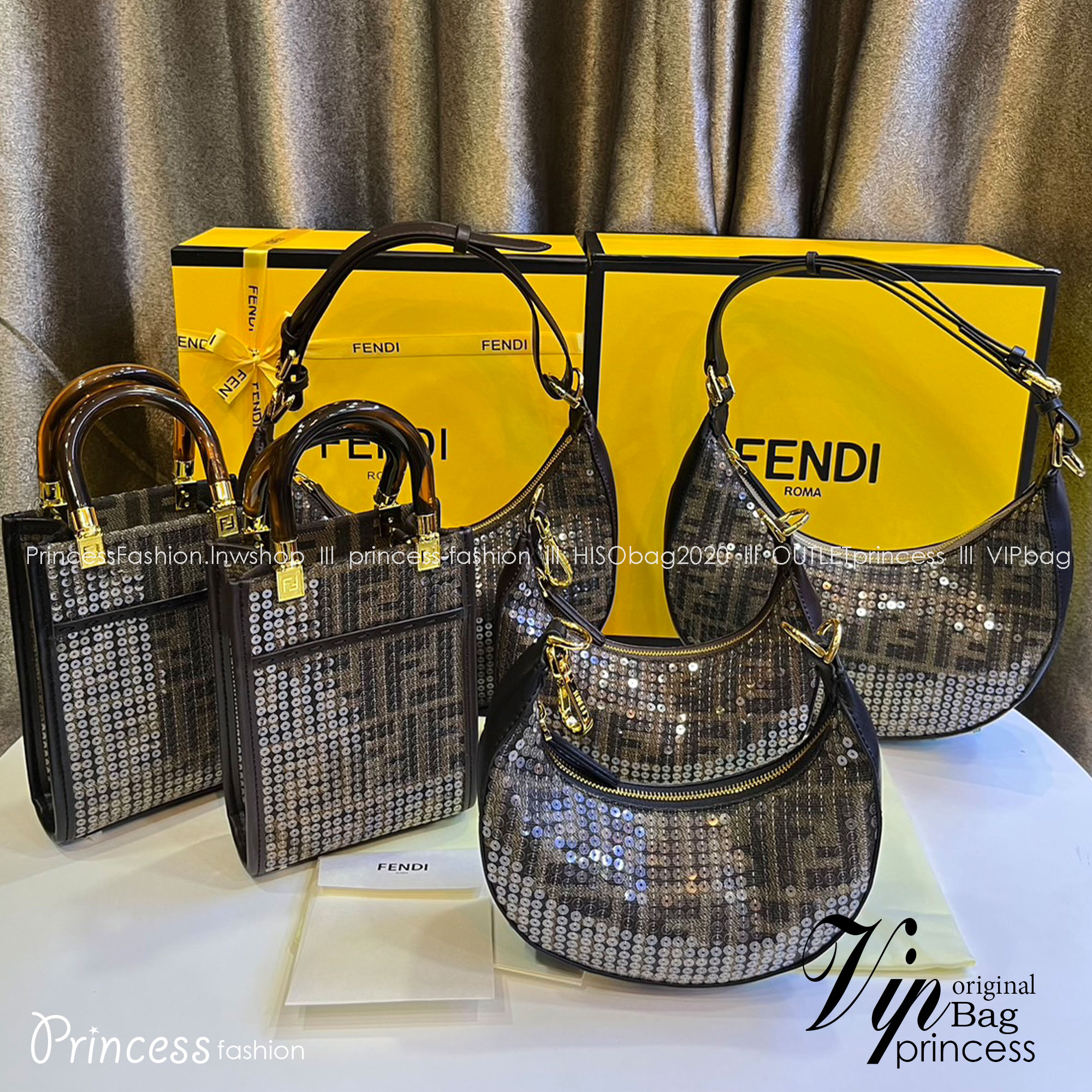 FENDI Fendigraphy Hobo Bag Brown fabric charm / Fendi hobo bag พร้อมส่ง กระเป๋าสะพายไหล่เฟนดิปักเลื่อมรุ่นใหม่ สวยหรู **สินค้าเกรดออริจินอล 1:1 สลับแท้