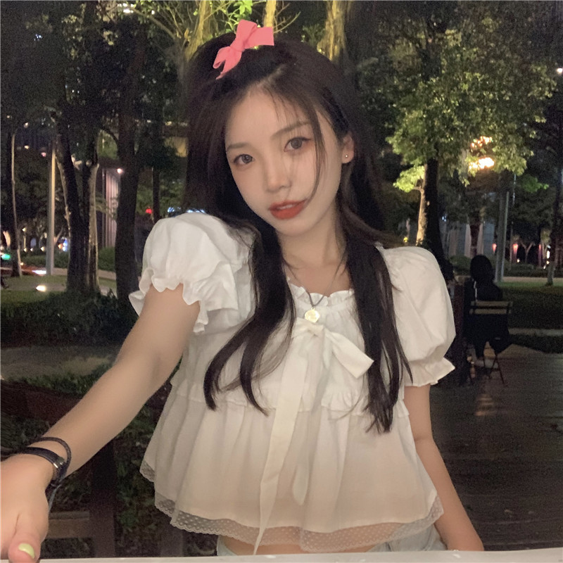พร้อมส่ง 🚢🖍🔖 Minsa tops เสื้อแขนสั้นทรงตุ๊กตาสีขาวแต่งระบายหลายชั้น (IN36810)