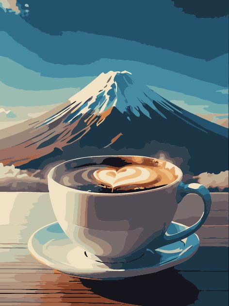 RE006 ภาพระบายสีตามตัวเลข "แก้วกาแฟวิวยอดเขา"