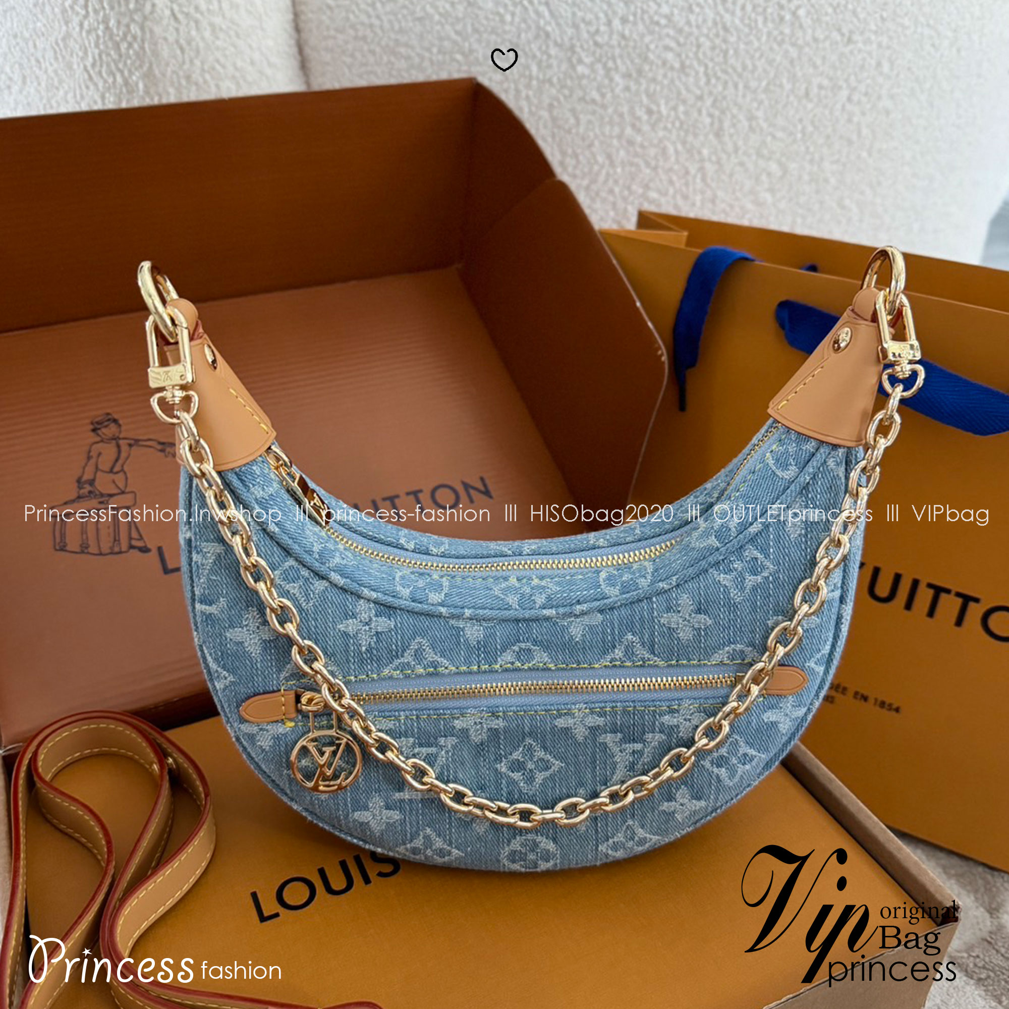 LV Loop Other Monogram Canvas Sky Blue Denim กระเป๋าสะพายทรงโฮโบเดนิม รูปทรงพระจันทร์ครึ่งเสี้ยว เกรดออริ 1:1 ใช้งานต่างประเทศได้