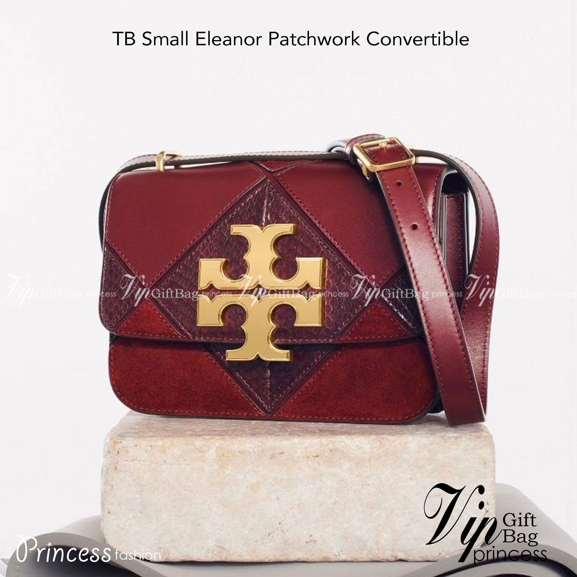 Tory Burch Small Eleanor Patchwork Convertible Shoulder Bag กระเป๋าทรงกล่อง ใบเล็กตัดเย็บจากหนังลูกวัว หนังกลับ และหนังงูนูน พร้อมขอบทาสีด้วยมือ อัญมณีแห่งหัตถศิลป์ ออกแบบมาให้พกพาสะดวก อะไหล่ทองเหลือง
