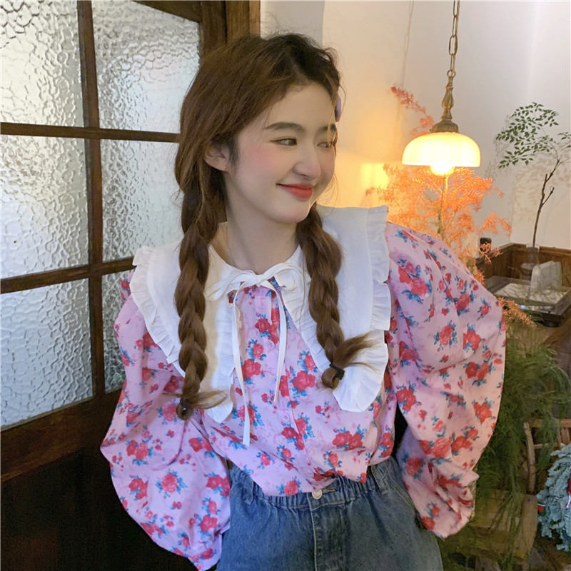 พร้อมส่ง ⛵️🎁 Pink buboo tops เสื้อแขนยาวลายดอกแต่งปกสีขาวน่ารักมาก (IN36843)