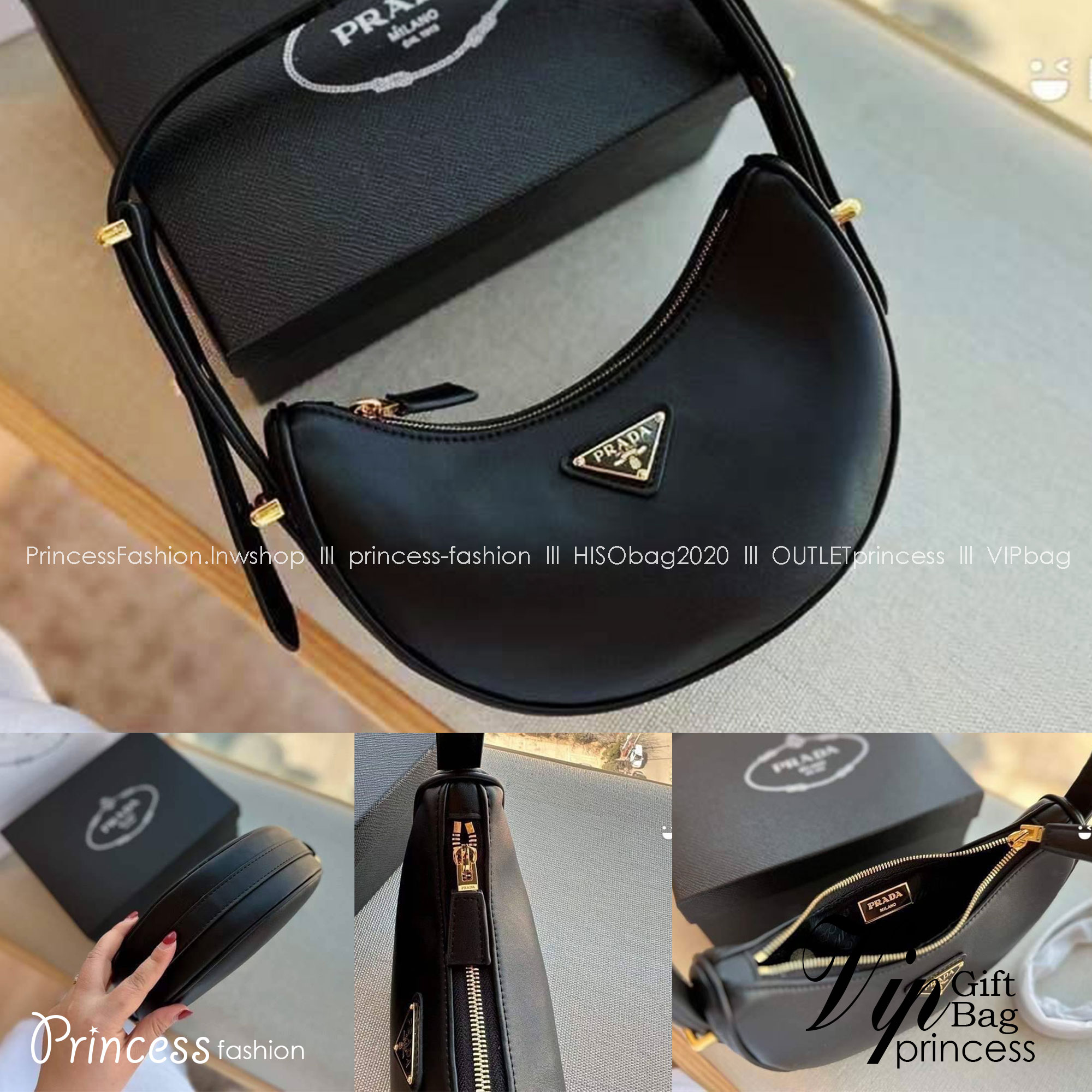 PRADA HOBO LEATHER SHOULDER BAG ฮอตไอเท็ม กระเป๋าถือ/สะพาย ทรงโฮโบ สวยผู้ดี ใช้งานง่าย โดดเด่นด้วยโลโก้สีทอง เปิด-ปิดด้วยซิป มีหูหิ้วในตัว ภายในเป็นช่องโล่ง ใส่ของสำคัญได้สบายๆ บอกเลยห้ามพลาดจ้า