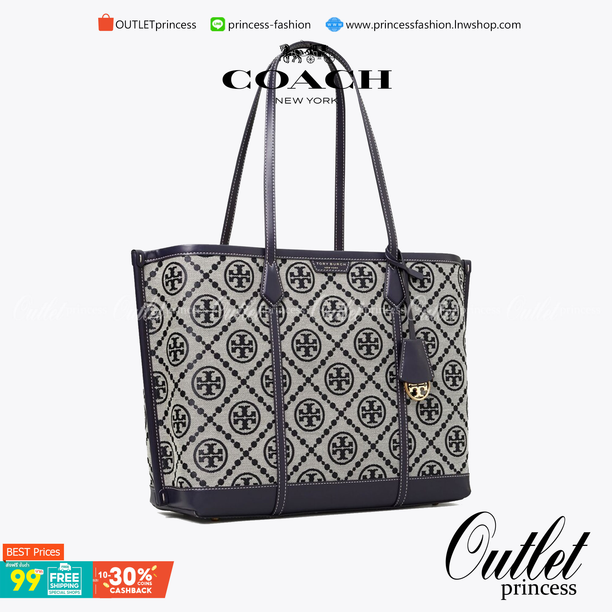 TORY BURCH T MONOGRAM TRIPLE - COMPARTMENT TOTE กระเป๋า/สะพายไหล่ทรง SHOPPING BAG วัสดุผ้าผ้าแคสวาสปักลายสัญลักษณ์แบรนด์ ตั้งอยู่ทรง สวยหรู ดูแพง จุของได้เยอะมาก ภายในแยกเป็น 2 ช่องหลัก 1 ช่องซิปตรงกลาง แบ่งเป็นสัดส่วนใช้งาน