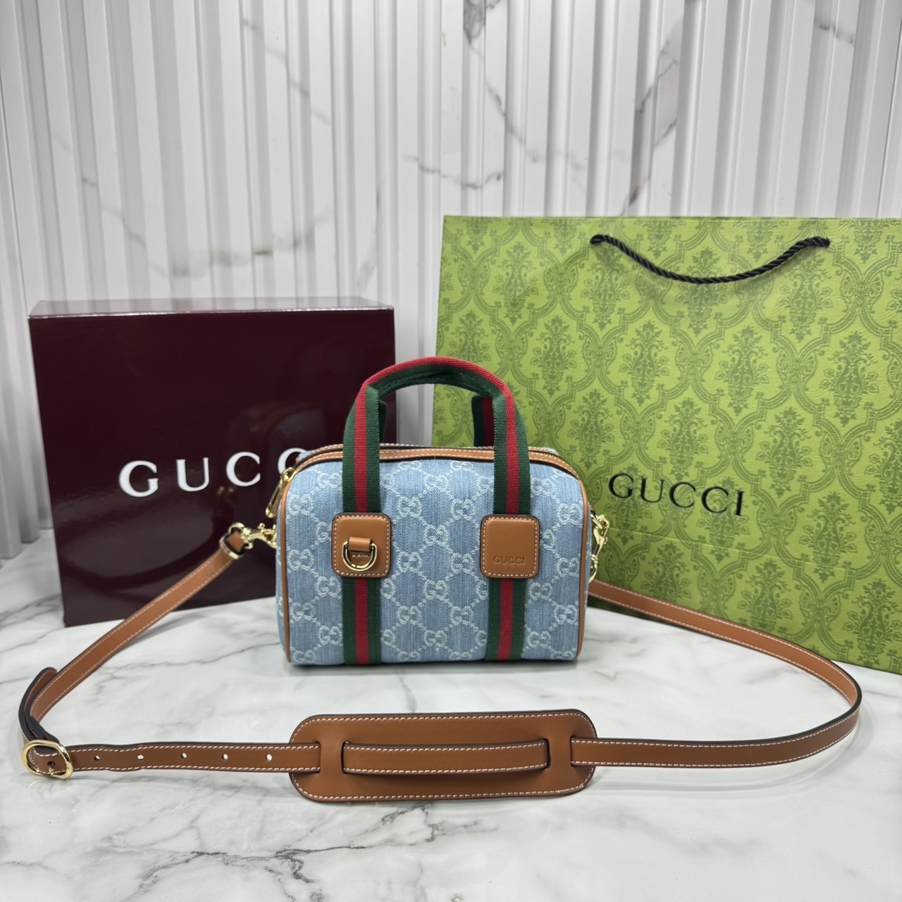 ORI หนังแท้ | Gucci Mini GG handbag denim กระเป๋าสะพายทรงหมอนไซส์มินิ คอลใหม่ดีไซน์เดนิมสวยมาก ตีความรูปทรงกระเป๋าบอสตันโฉมใหม่