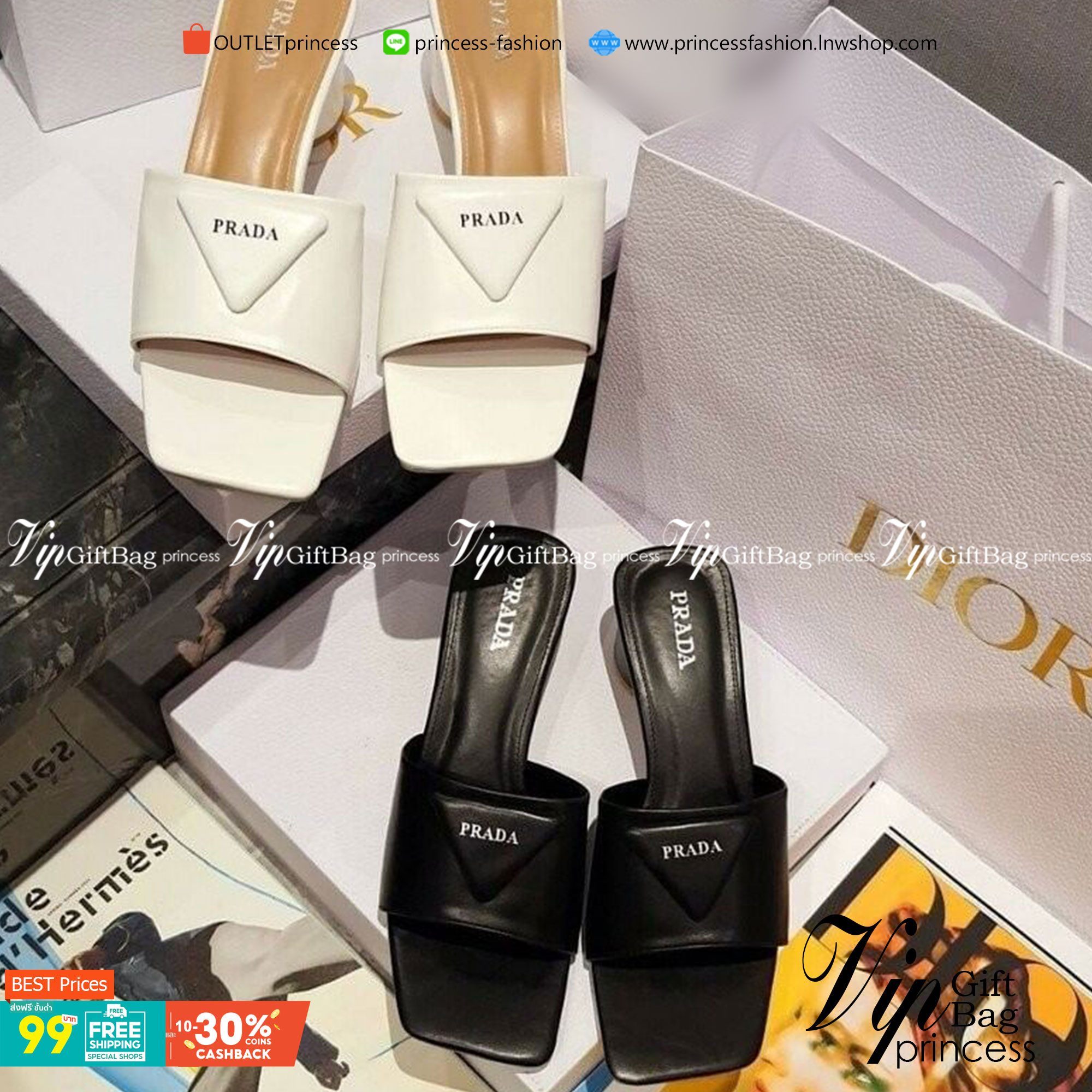 Prada งานสวม สวย เก๋ หรู วัสดุหนัง PU ส้นทรงกระบอกทรงกลม ใส่สบาย ใช้งาน ไม่เมื่อย น้ำหนักเบา ด้านหน้าติดอะไหล่แบรนด์โลโก้ทรงสามเหลี่ยม แมทส์ชุดง่าย