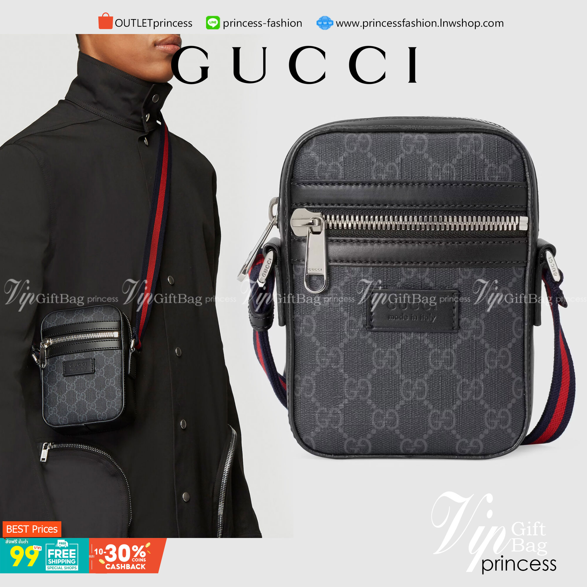 VIP GIFT 】หนังแท้ GUCCI GG Black messenger Crossbody ขนาดเล็ก ทรงแนวตั้ง มีช่องให้ใส่ของได้อยู่ 2 ช่อง เป็นซิบรูดเปิดปิดด้านบน และด้านหน้า โดดเด่นด้วยลวดลายกระเป๋าที่ ใช้ตัวโลโก้ของ GUCCI มาทำเป็นแพทเทิร์น ซึ่งกระเป๋าแต่ละใบอาจมีตำแหน่งที่แตกต่างกัน แปะตั