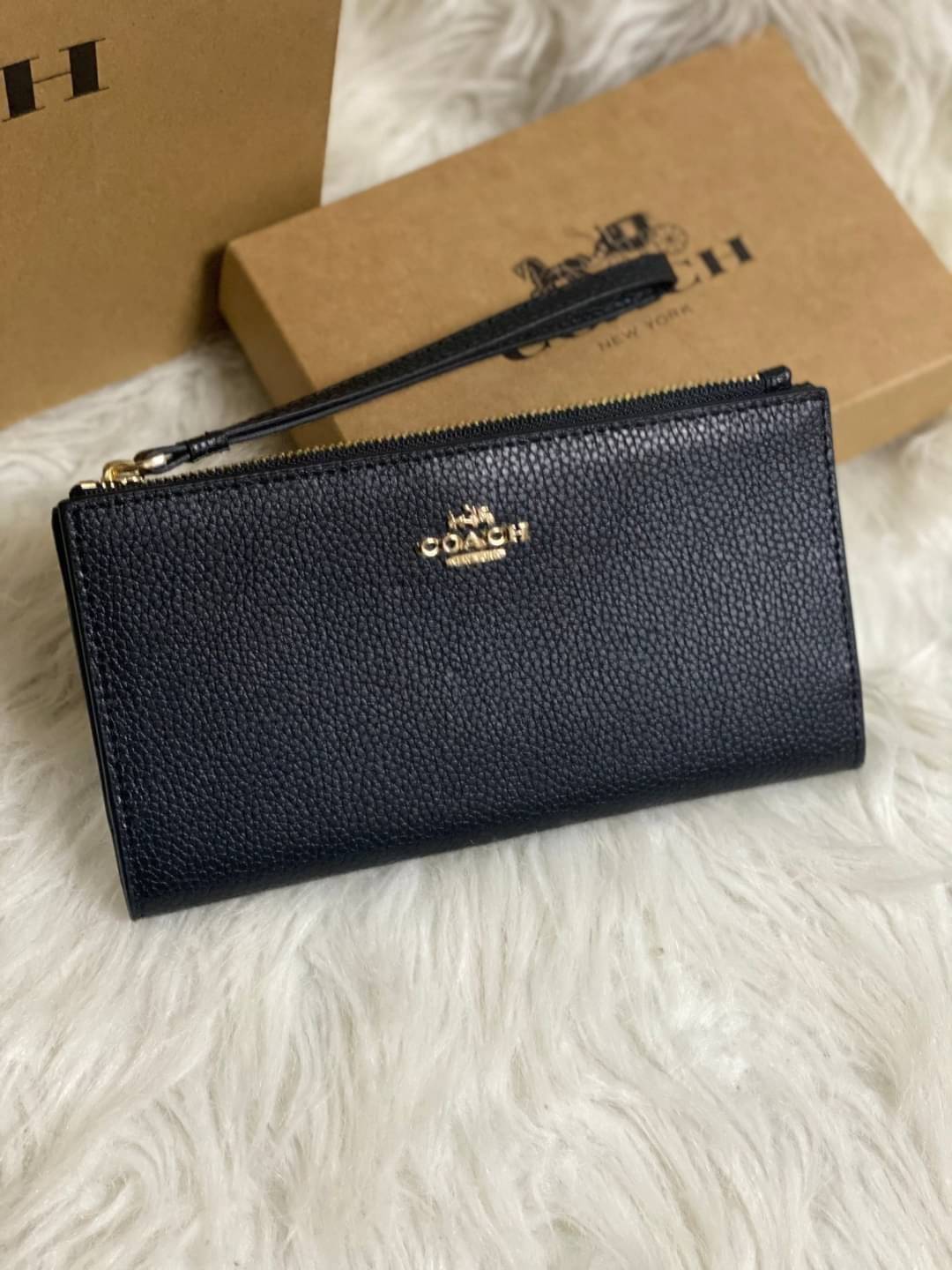 COACH 73156 Pebbled Leather Long Wallet พร้อมส่งสีดำ สีน้ำตาล