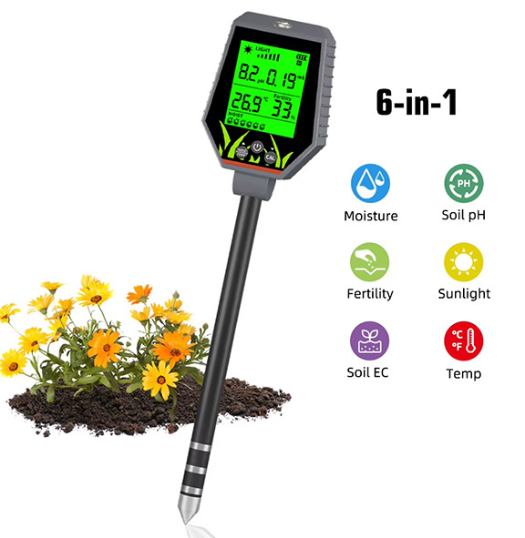 เครื่องวัดดิน วัดน้ำ แบบ 6in1 ใช้วัด pH / EC ในดิน และน้ำ ความสมบูรณ์ดิน, ความเค็มดิน, ความชื้นดิน, อุณหภูมื และค่าแสง