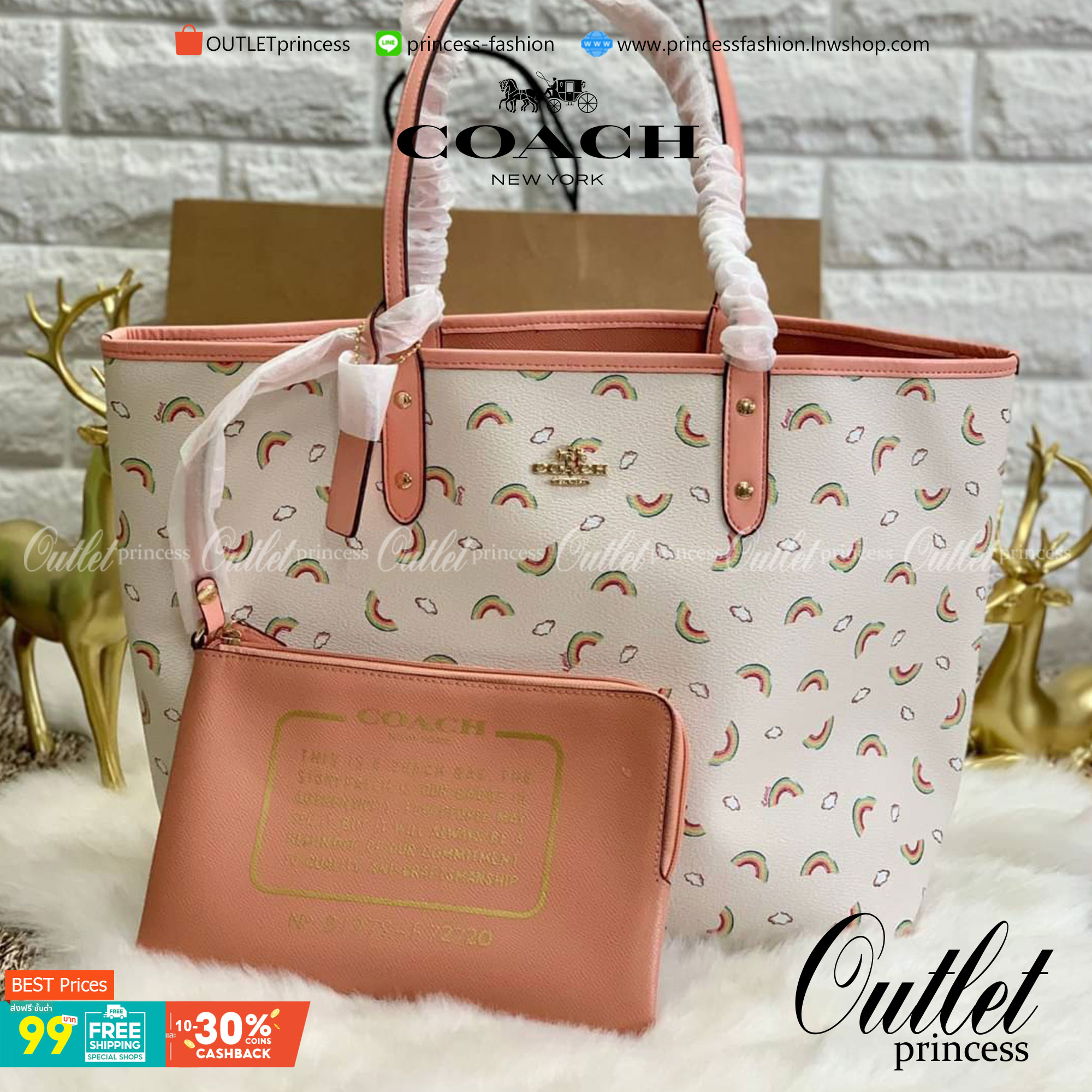 ลายหายากแล้วนะคะ🌈 COACH REVERSIBLE CITY TOTE RAINBOW PRINT ((F72720)) กลับมาอีกครั้ง! กระเป๋าทรงTote หนังแท้ กลับด้านได้ใช้ได้2ด้านค่ะ//ด้านนึงสีครีมลายรุ้ง//อีกด้านสีโอรส สวยงามค่ะ