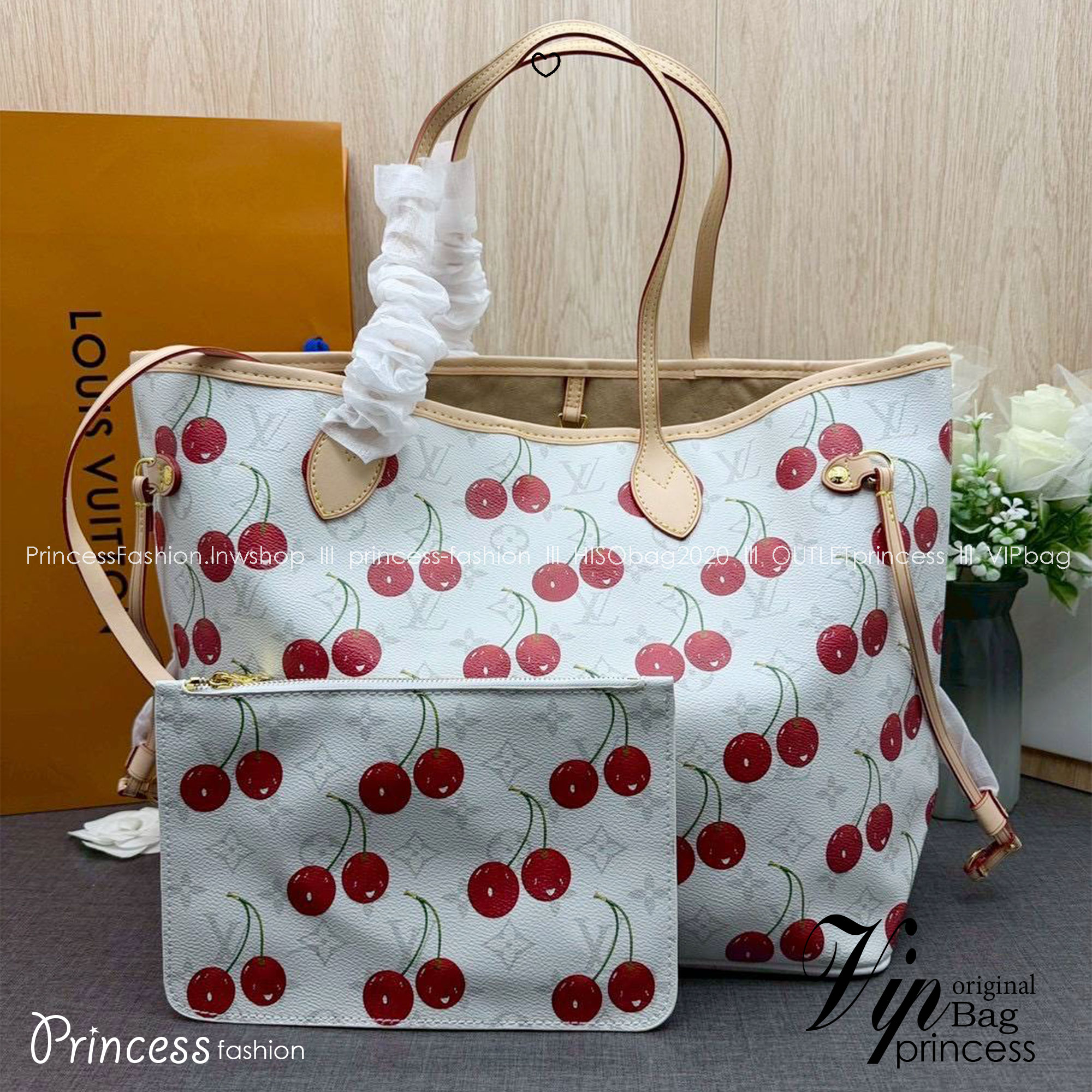 ORI หนังแท้ | LV x TM - Neverfull MM Bag Monogram cherry canvas / LV Tote Bag สีขาว กระเป๋าสะพายทรงโท้ทใบใหญ่ ลายเชอรี่น่ารักสดใส