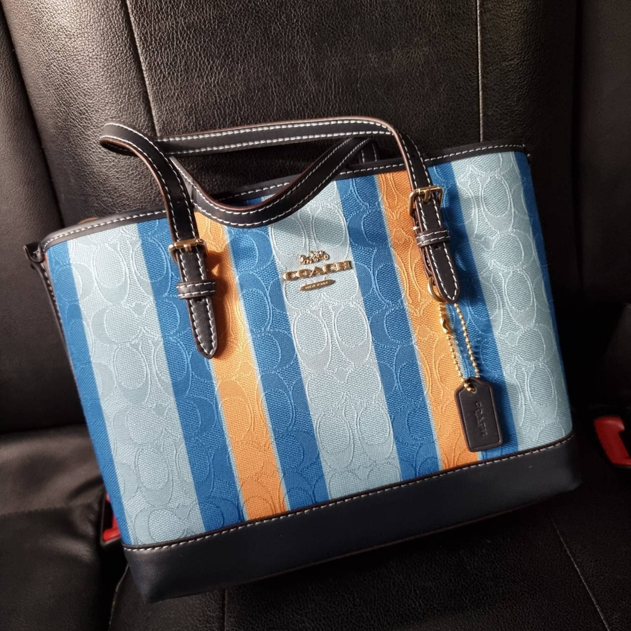 COACH C4086 MOLLIE TOTE 25 IN SIGNATURE JACQUARD WITH STRIPES แจกความสดใสด้วยลุคคัลเลอร์ฟูล กระเป๋าทรงโท้ท มินิไซส์ ตกแต่งลายเอกลักษณ์ถักทออยู่บนผ้า jacquard ตัดกับลายเส้นสีสันสวยงาม ลงตัวไม่ซ้ำใคร ภายในเป็นช่องโล่ง มีช่องซิปกลางใส่ของได้ ขนาดกำลังดีแบบใส