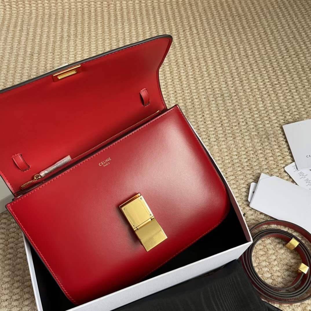 CELINE Medium Classic bag in box calfskin เกรดออริจินอล กระเป๋าสะพายแบรนด์เนมซีลีนหนังแท้ อะไหล่ทองหรู งานหนังเรียบ สวยหรู