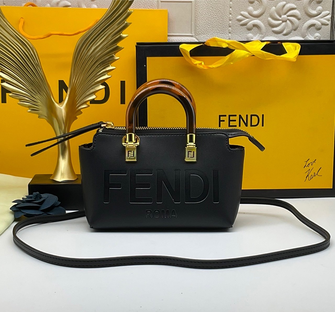 FENDI By The Way Mini Bag พร้อมส่งที่ไทย ภาพถ่ายจากงานขายจริง Iconic mini By The Way Boston bag made FENDI ROMA lettering and rigid tortoiseshell-effect plexiglass handles.