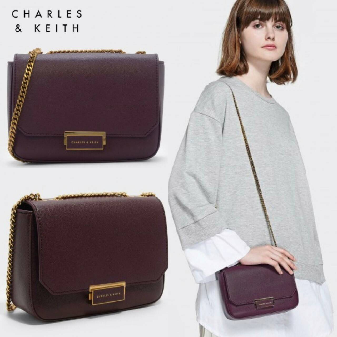CHARLES & KEITH PUSH-LOCK CHAIN SLING BAG 2018 กระเป๋าสะพายวัสดุหนังคาเวียร์สวยอยู่ทรง ขนาดมินิกำลังดี น้ำหนักเบา เปิดปิดด้วยฝาปิดตัวล็อคปั๊มโลโก้ด้านหน้า ภายใน มีช่องซิป และช่องใส่บัตร มาพร้อมสายสะพายโซ่ยาวสามารถซ้อนสายสั้นสะพายไหล่ หรือสายยาว Crossbodyไ