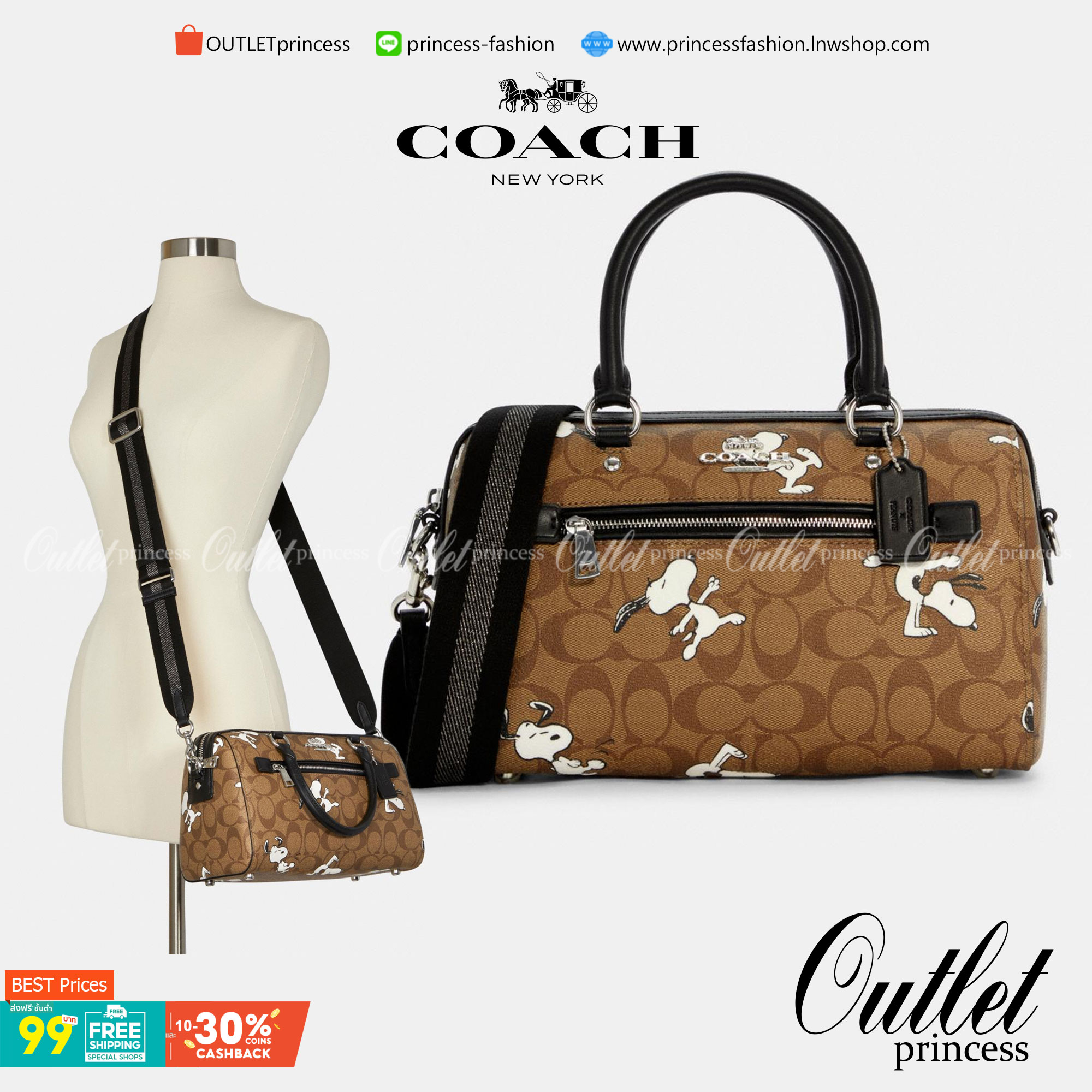 COACH FACTORY BOSTON BAG IN SIGNATURE X SNOOPY COLLECTION กระเป๋าถือหรือสะพายคอลเลคชั่นพิเศษจาก Coach Factory วัสดุ Signature refined calf leather หนังแท้ลายคอลเลคชั่น Snoopy เทคเจอร์สวยอยู่ทรง ดีไซน์ยอดนิยม ด้านหน้ามีโลโก้และช่องซิปแบรนด์ ช่องหลักเปิดปิด