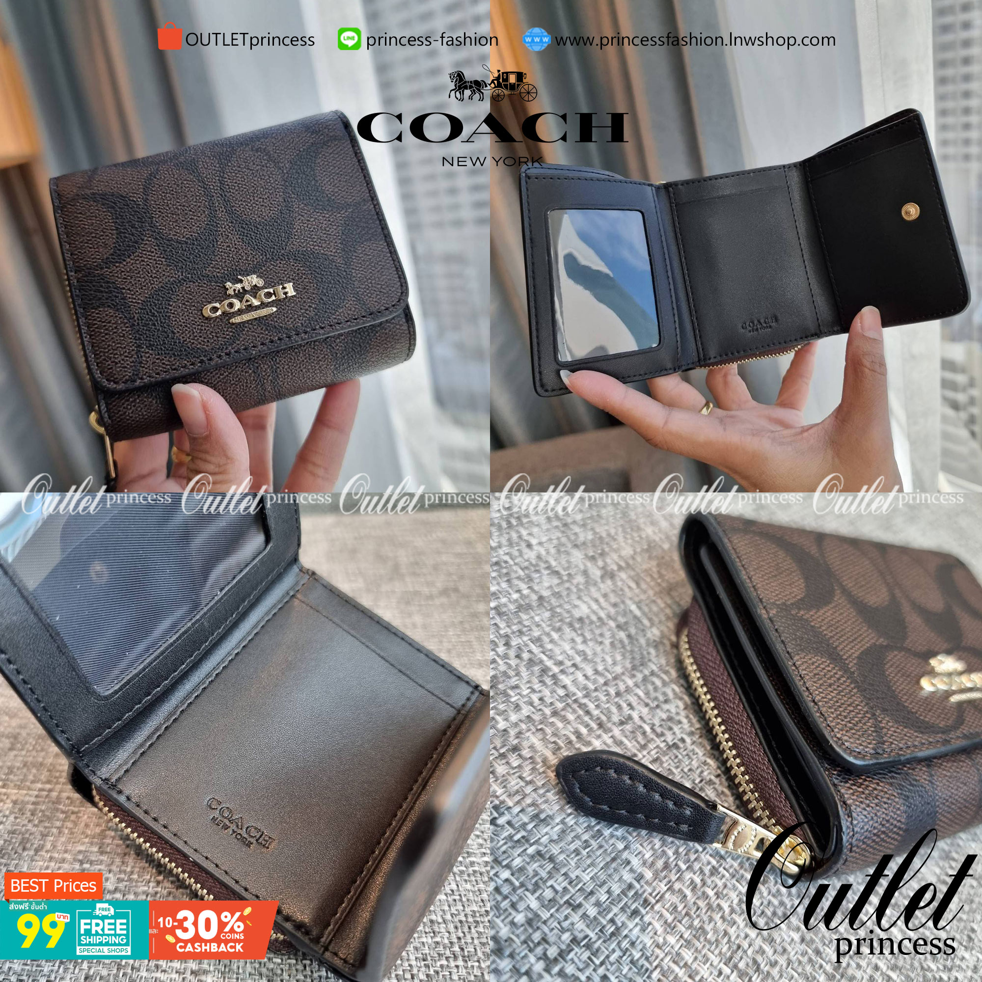 OUTLET 】COACH F41302 SMALL TRIFOLD WALLET IN SIGNATURE CANVAS สวยคลาสสิค พกพาง่าย ใบเล็กน่ารักน่าใช้ ต้องยกให้ใบนี้จ้า 💗💋 ตอบโจทย์คนชอบพกน้อยที่สุด!! กระเป๋าสตางค์ใบสั้นหนังแคนวาสเคลือบคุณภาพดี ภายในเป็นหนังแท้ ใส่บัตร ใส่ธนบัตรได้ทุกชนิด 