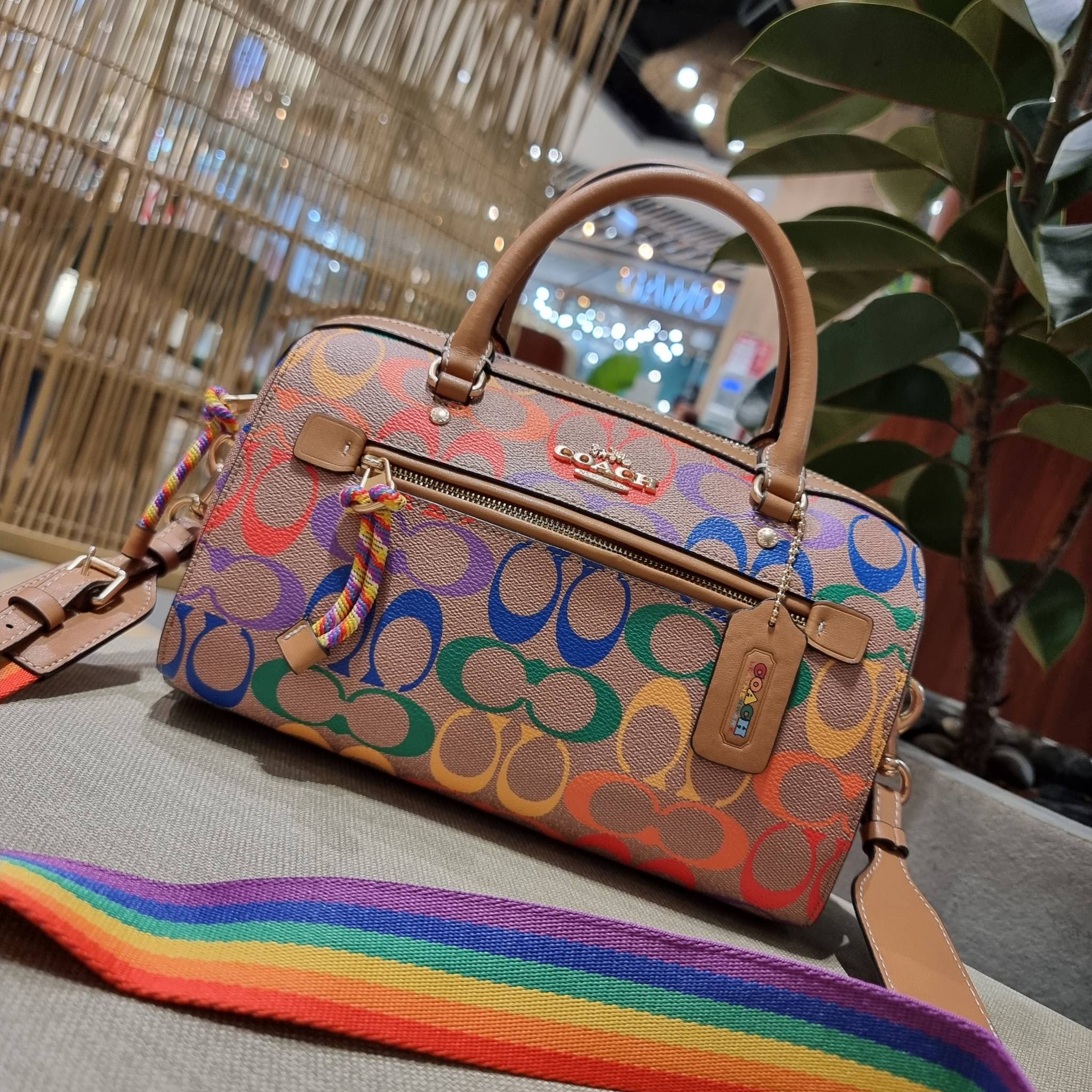 COACH C4396 ROWAN SATCHEL IN RAINBOW SIGNATURE CANVAS กระเป๋าทรงหมอนยอดฮิต คอลเลคชั่นที่สวยโดดเด่น ด้วยดีไซน์เรนโบว์ สดใส!! รูปทรงสวยงาม คลาสสิค และใช้งานได้อย่างกระฉับกระเฉง วัสดุหนังแคนวาสเคลือบลาย ทนทาน ภายในโล่งกว้าง มีช่องซิปและแบ่งสัดส่วนได้ลงตัว บอ