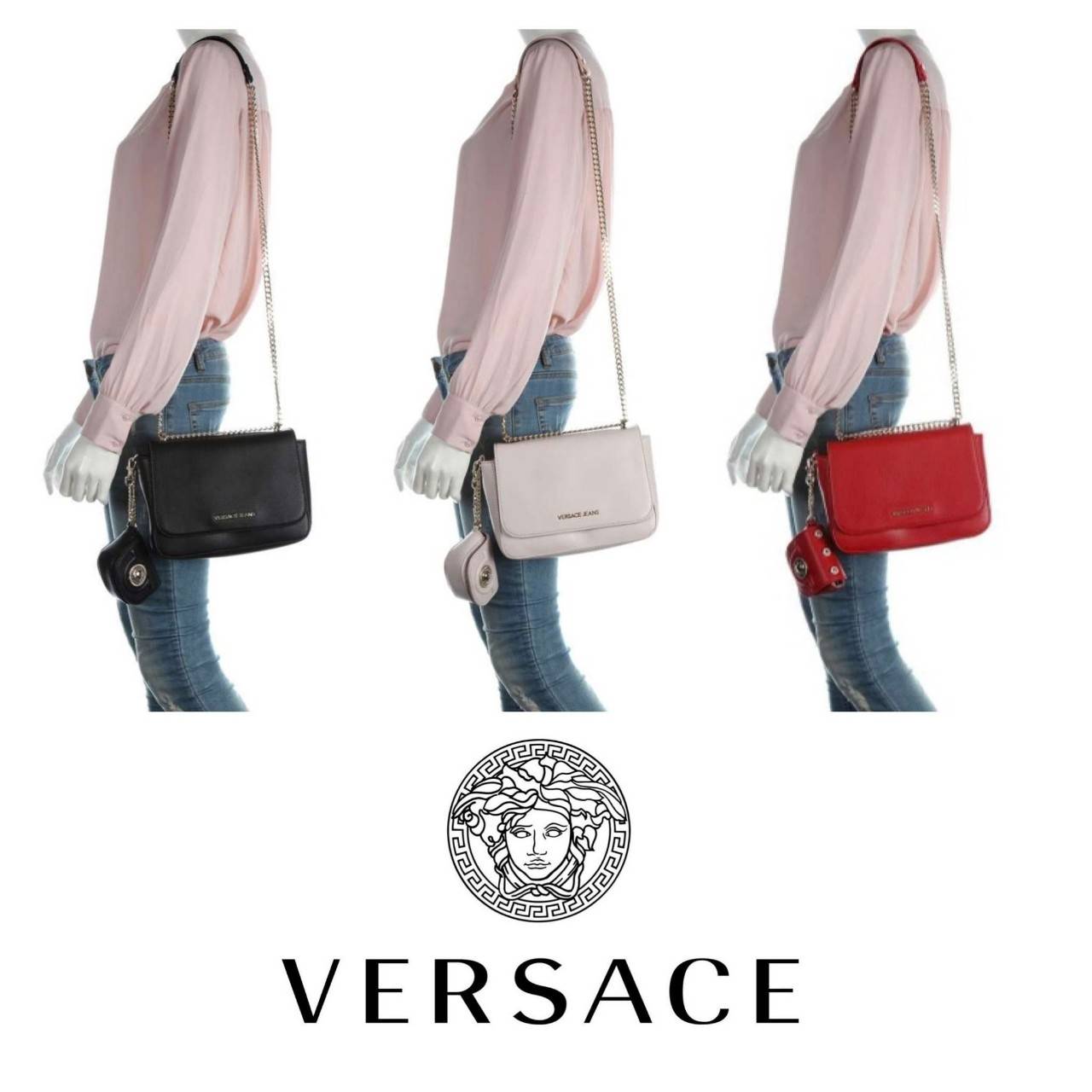 VERSACE JEAN SHOULDER BAG SYNTHETIC 2019 กระเป๋าสะพายข้าง//หิ้วได้ วัสดุหนังอย่างดี สวยงามค่ะ ด้านหน้ามีโลโก้แบรนด์ เปิดปิดแบบกดล็อค ภายในกว้าง สามารถใส่กระเป๋าสตางค์ใบยาวได้ ของอื่นๆพอประมานเลยค่ะ มีช่องซิปและช่องโล่งให้ สายสะพายแบบโซ่มีหนังรองบ่า สามารถ