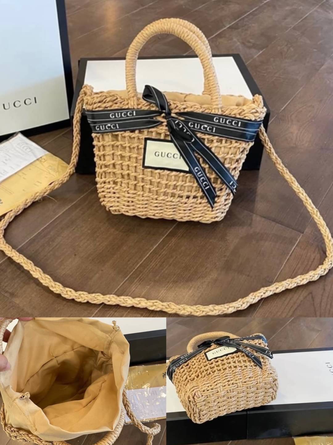 VIP 】กระเป๋าสานมาใหม่Gucci พร้อมสายถักและหูจับ โลโก้แบรนด์ และโบว์แบรนด์ สวยมากค่ะ ขนาด 7”