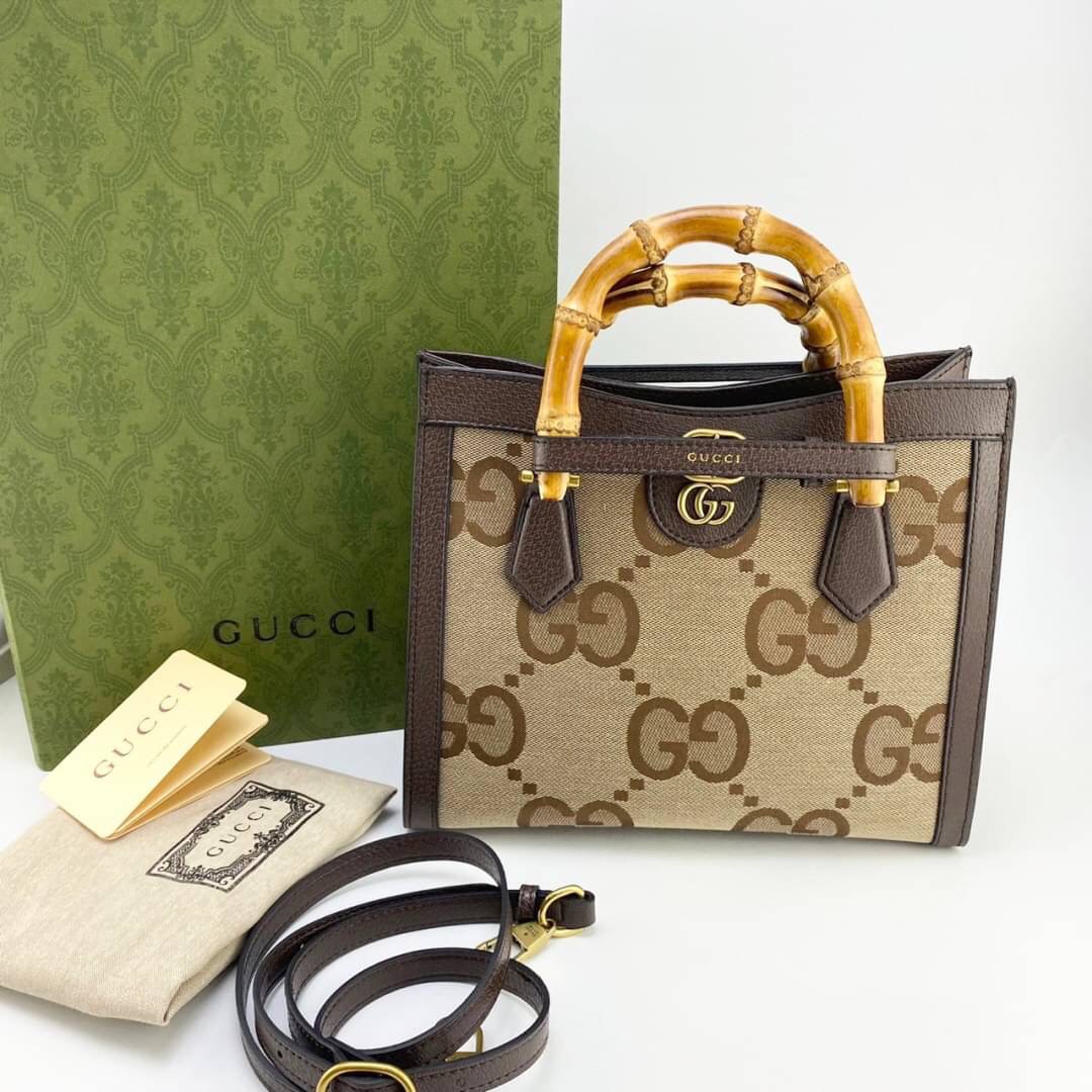 หนังแท้ Gucci Diana jumbo GG tote bag (mini/small) พร้อมส่งที่ไทย Brown Camel and ebony jumbo GG canvas ภาพถ่ายจากสินค้าจริง