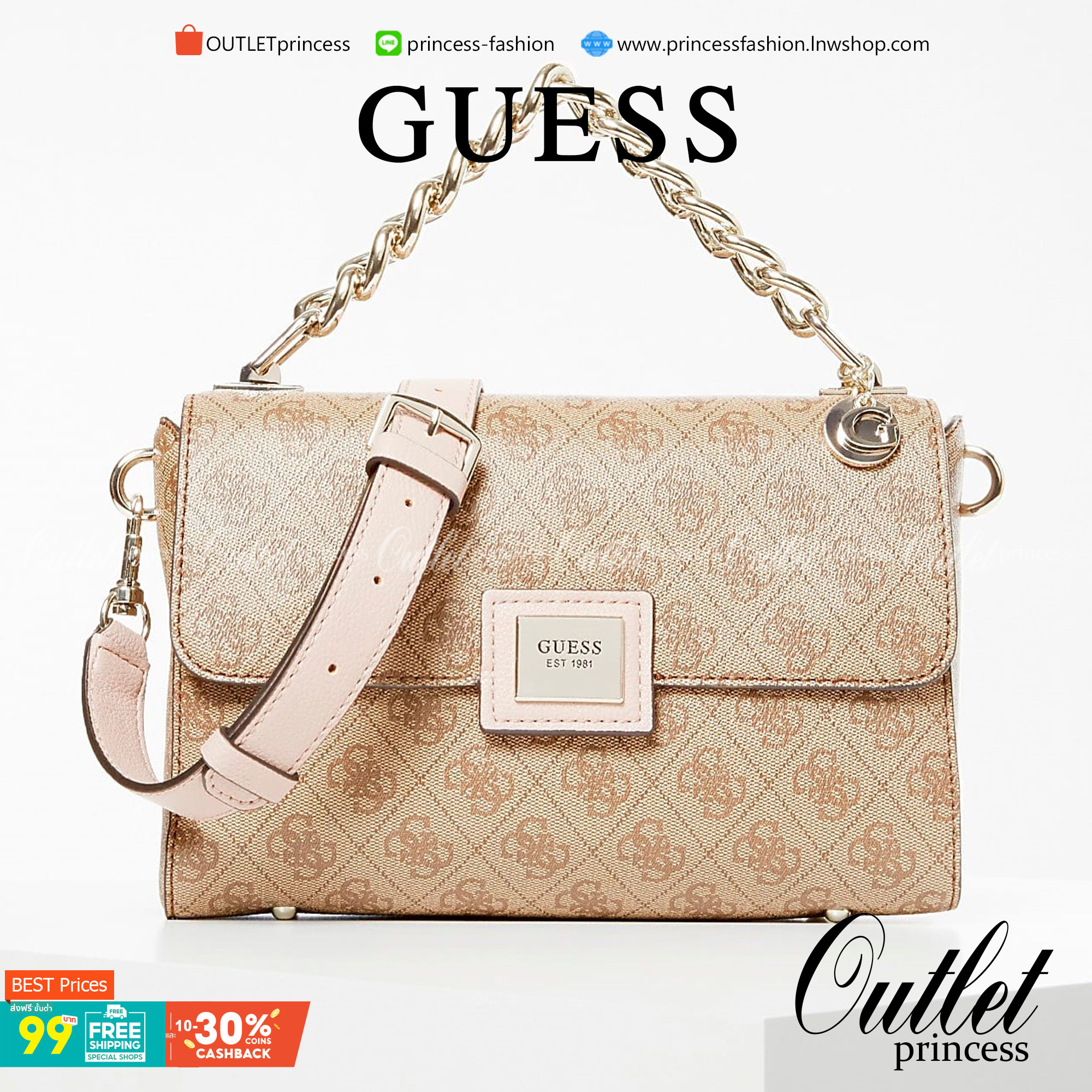 ราคาปังปิ๊นาศ (!!) มากแม่ 💕 GUESS Candace Top Handle Flap Bag กระเป๋าสะพาย Crossbody / คล้องแขน ถือออกงานได้ ทรงน่ารัก จากแบรนด์ GUESS สวยอยู่ทรง ขนาดกำลังดี น้ำหนักเบา ด้านหน้ามีโลโก้แบรนด์อะไหล่ทอง มีอะไหล่โซ่ห้อยด้านหน้าสามารถคล้องแขนและถือได้ 