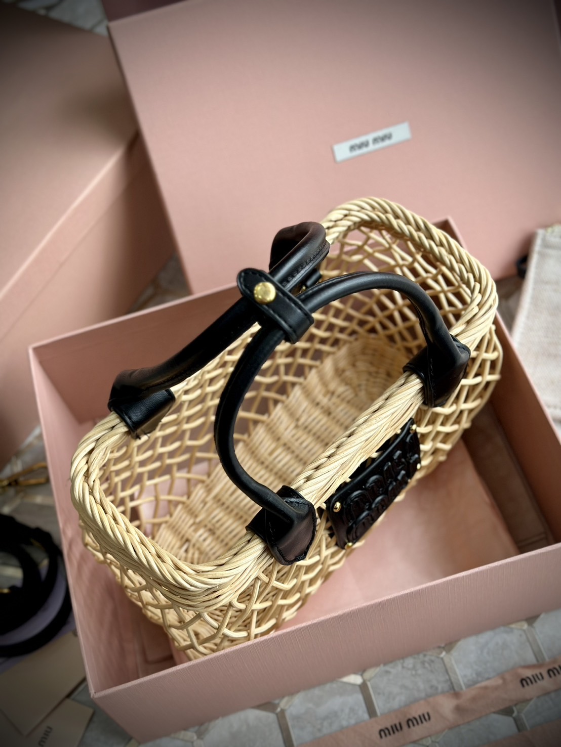 Miu Miu Woven fabric handbag with leather trim กระเป๋าสานดีไซส์ย้อนยุค