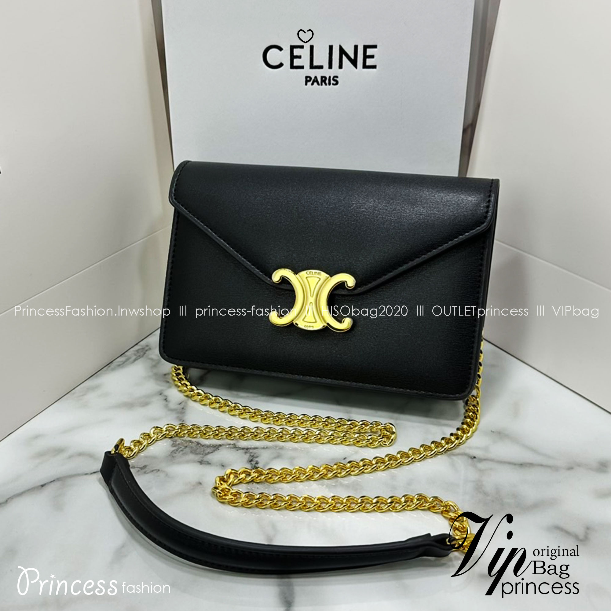 ORI หนังแท้ | CELINE WALLET ON CHAIN MARGO IN TRIOMPHE กระเป๋าสะพายสวยอยู่ทรงตั้งได้ รูปทรงย้อนยุคสไตล์วินเทจลัคชู ดีไซน์เอกลักษณ์ ขนาดกำลังดี