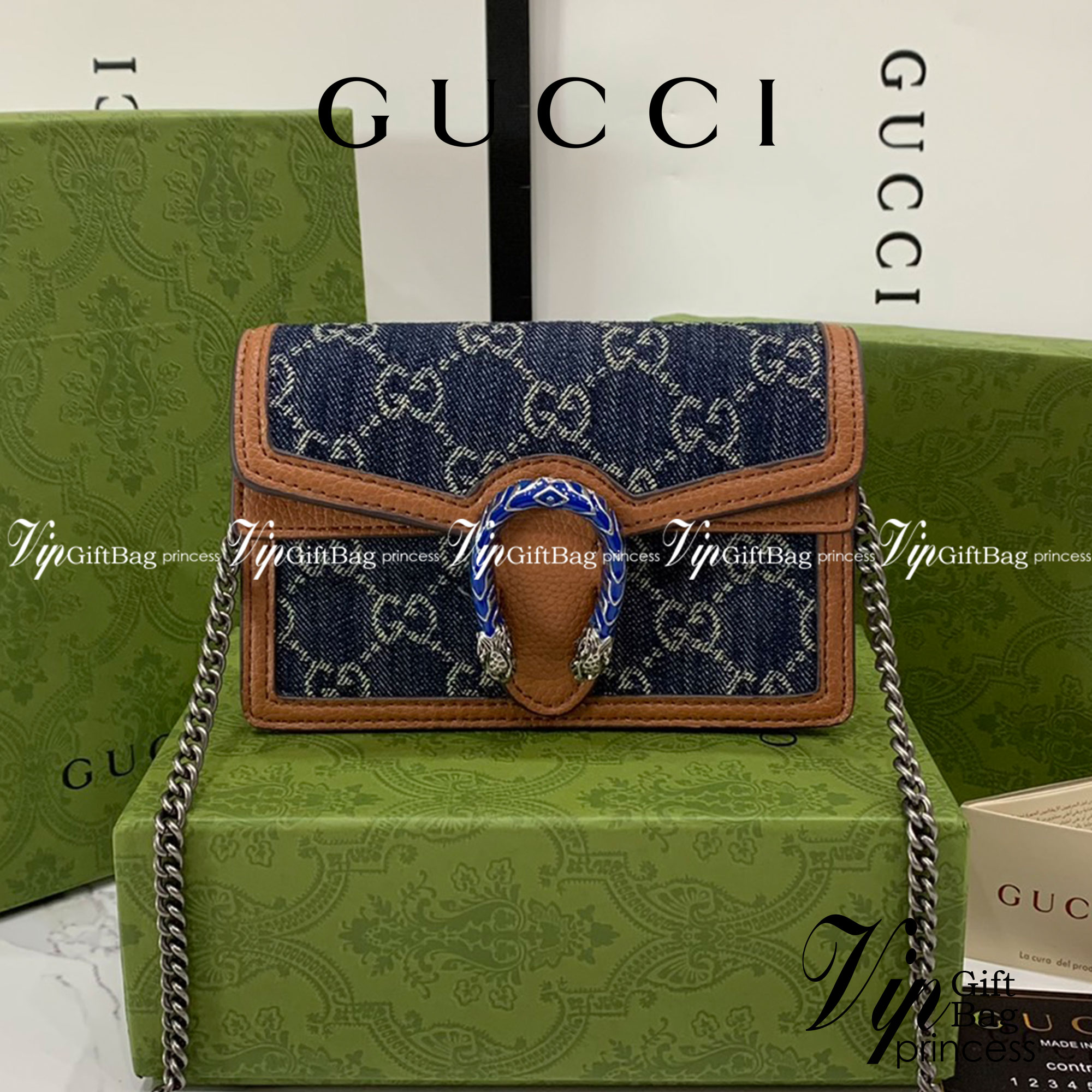 หนังแท้ GUCCI Denim Dionysus mini bag / GG Dionysus Shoulder bag / GG Denim Dionysus พร้อมส่งที่ไทย กระเป๋าสะพายข้างเดนิมสีเข้มสลับหนังแท้สีน้ำตาลงาช้าง เกรดหนังคุณภาพดียิ่งใช้หนังยิ่งสวย โทนสีน่าใช้มากก มาในดีไซน์คลาสสิคเรียบหรูเข้ากับทุกลุ๊คแบบไม่มีเอ้า