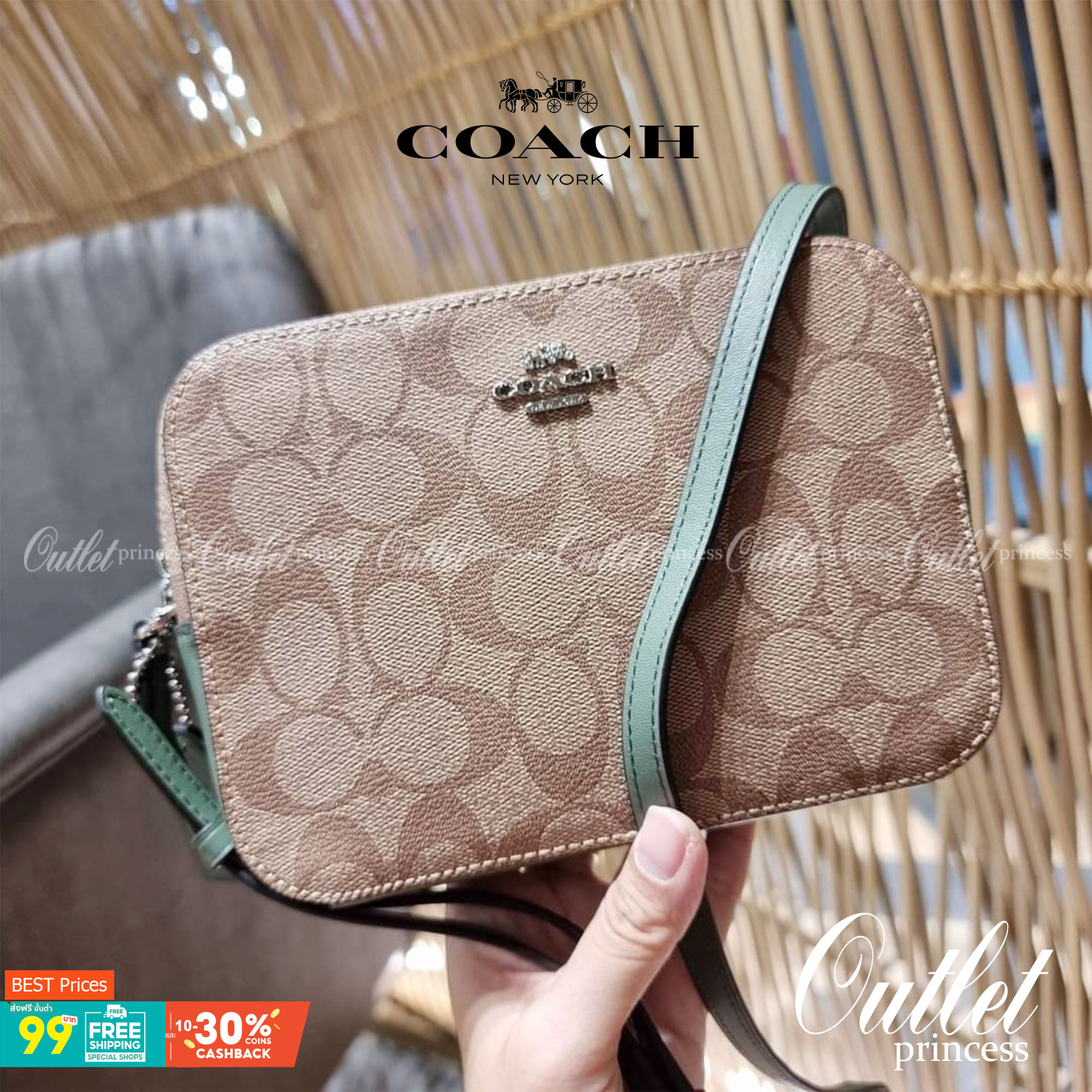 COACH 91677 MINI CAMERA BAG IN SIGNATURE CANVAS สีมาใหม่ รุ่นขายดีที่สุด!! กระเป๋าสะพายข้างไซส์มินิ คลาสสิคอยู่ทรง อะไหลเงินเรียบหรู วัสดุหนังแคนวาสเคลือบลาย เปิด-ปิดด้วยซิป สายสะพายปรับได้ตามตัว ใบนี้แมทช์ได้ทุกลุค ใช้เป็น everyday bag ได้สบายๆเลยจ้า &#x
