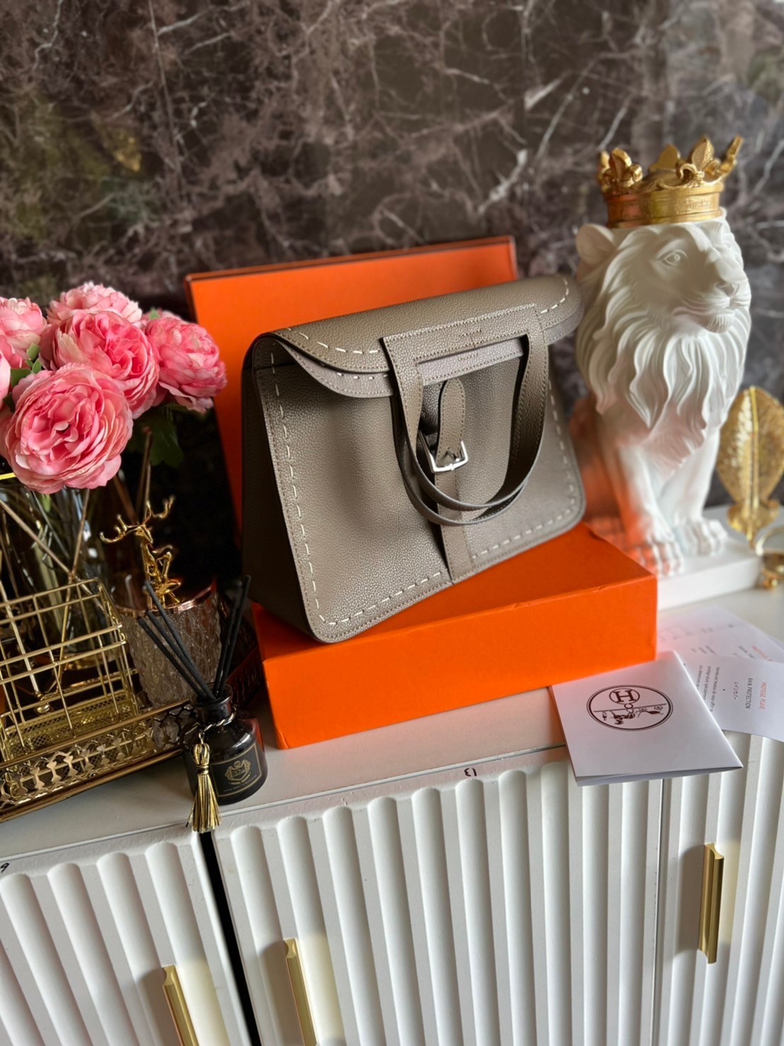 HERMES Halzan Bag Luxury Bag แบรนด์ดังงานหนังแท้สวย เกรดท็อปออริจินอล ภาพสินค้าถ่ายจากงานขายจริง