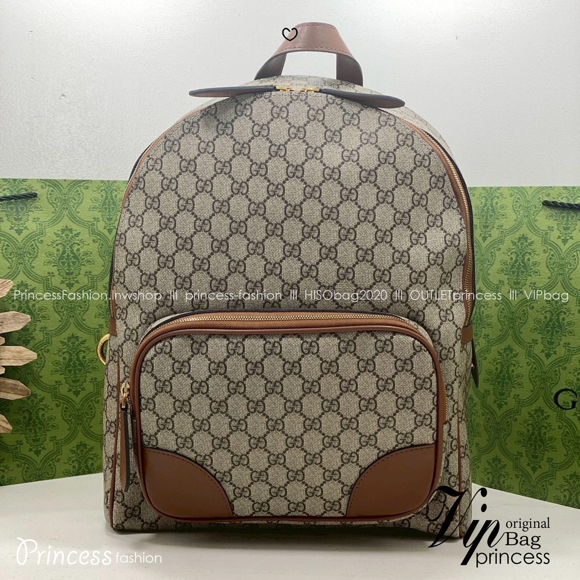 ORI หนังแท้ | Brown Gucci GG Emblem medium backpack กระเป๋าสะพายหลัง กระเป๋าเป้ ดีไซน์เรียบง่าย รูปทรงใช้งานง่าน ภายในโล่งกว้าง จุของได้เยอะ