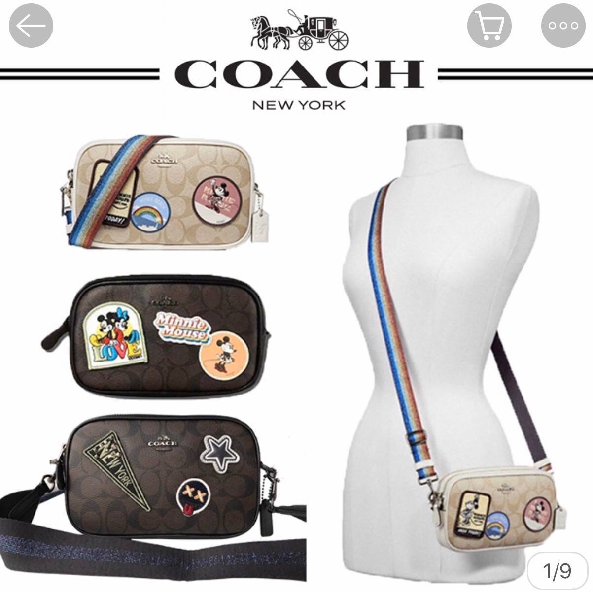 COACH MINI CROSSBODY MINNIE POUCH BAG กระเป๋าสะพาย size mini 2 zip วัสดุหนังลาย signature แต่งลาย minnie เพิ่มความน่ารัก limited edition เปิด - ปิดด้วยซิป แบ่ง 2 ช่องใหญ่ ภายในโล่ง ใส่ wallet กลาง มือถือได้ทุกรุ่น และของใช้จุกจิก พร้อมสายยาวถอด ปรับได้ค่ะ