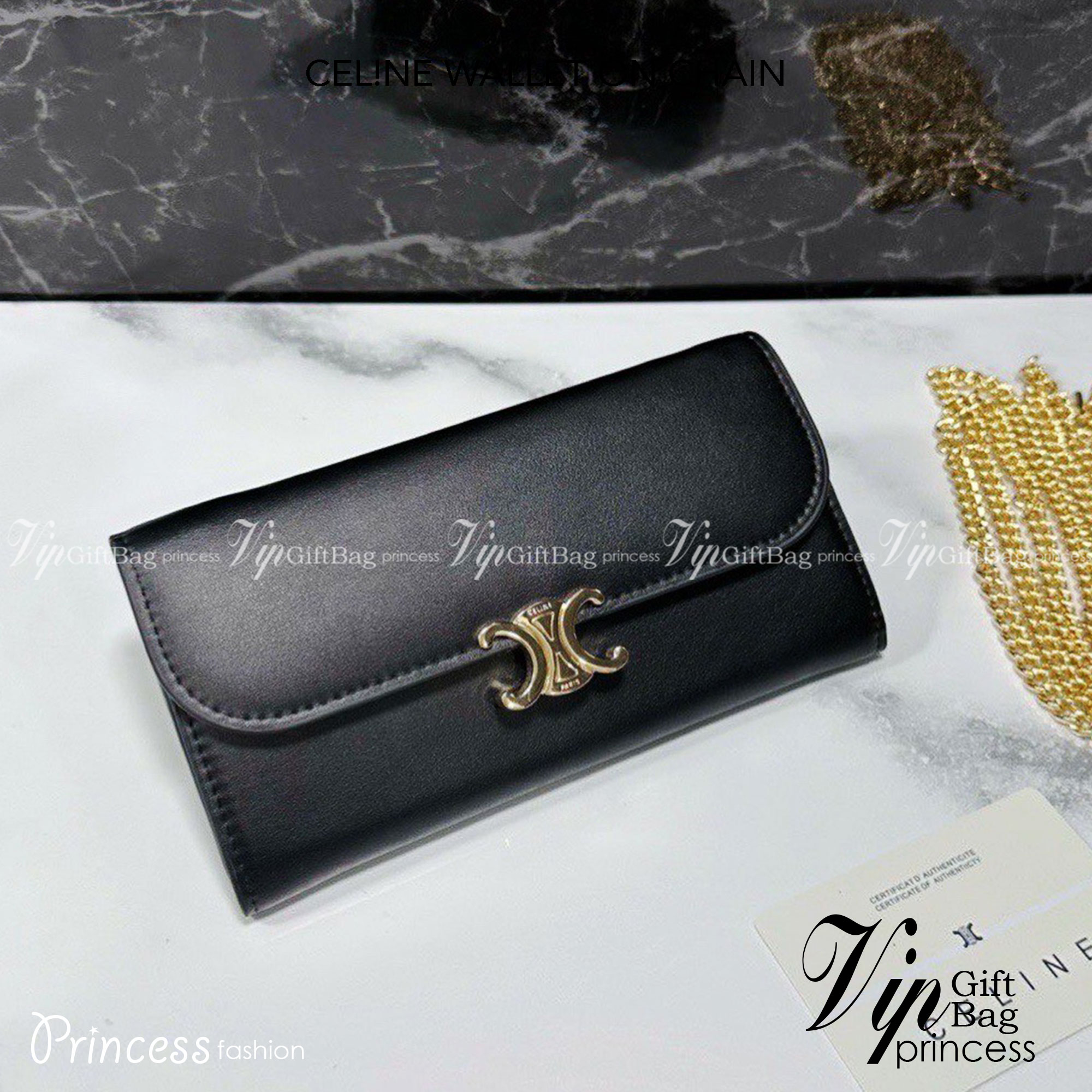 CELINE WALLET ON CHAIN TRIOMPHE IN SHINY CALFSKIN BLACK กระเป๋าสตางค์ใบยาว พร้อมสายสะพายโซ่สีทองถอดออกได้ หรูหรา มีช่องซิปกลางและช่องใส่การ์ด ใช้งานสะดวกสะพายได้ทุกวัน