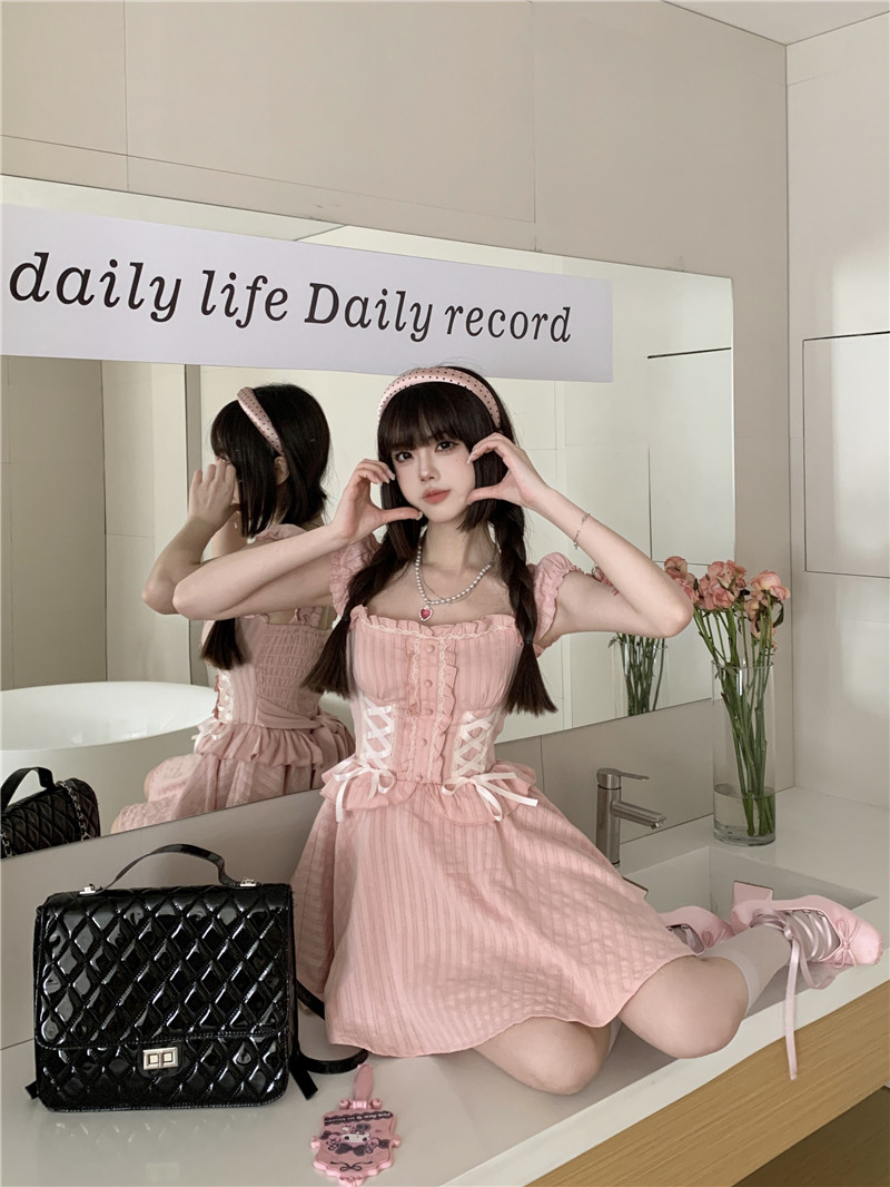 พร้อมส่ง 🍥 Cherry Jam dress เดรสสายเดี่ยวสีชมพู (IN38697)