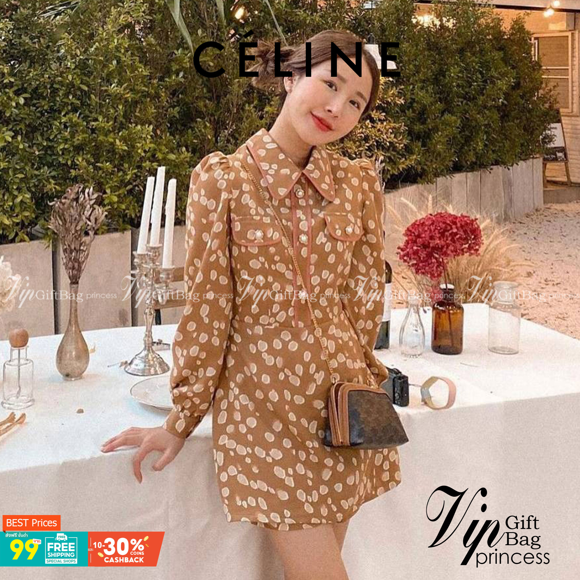 หนังแท้ CELINE CLUTCH WITH CHAIN IN TRIOMPHE CANVAS AND LAMBSKIN