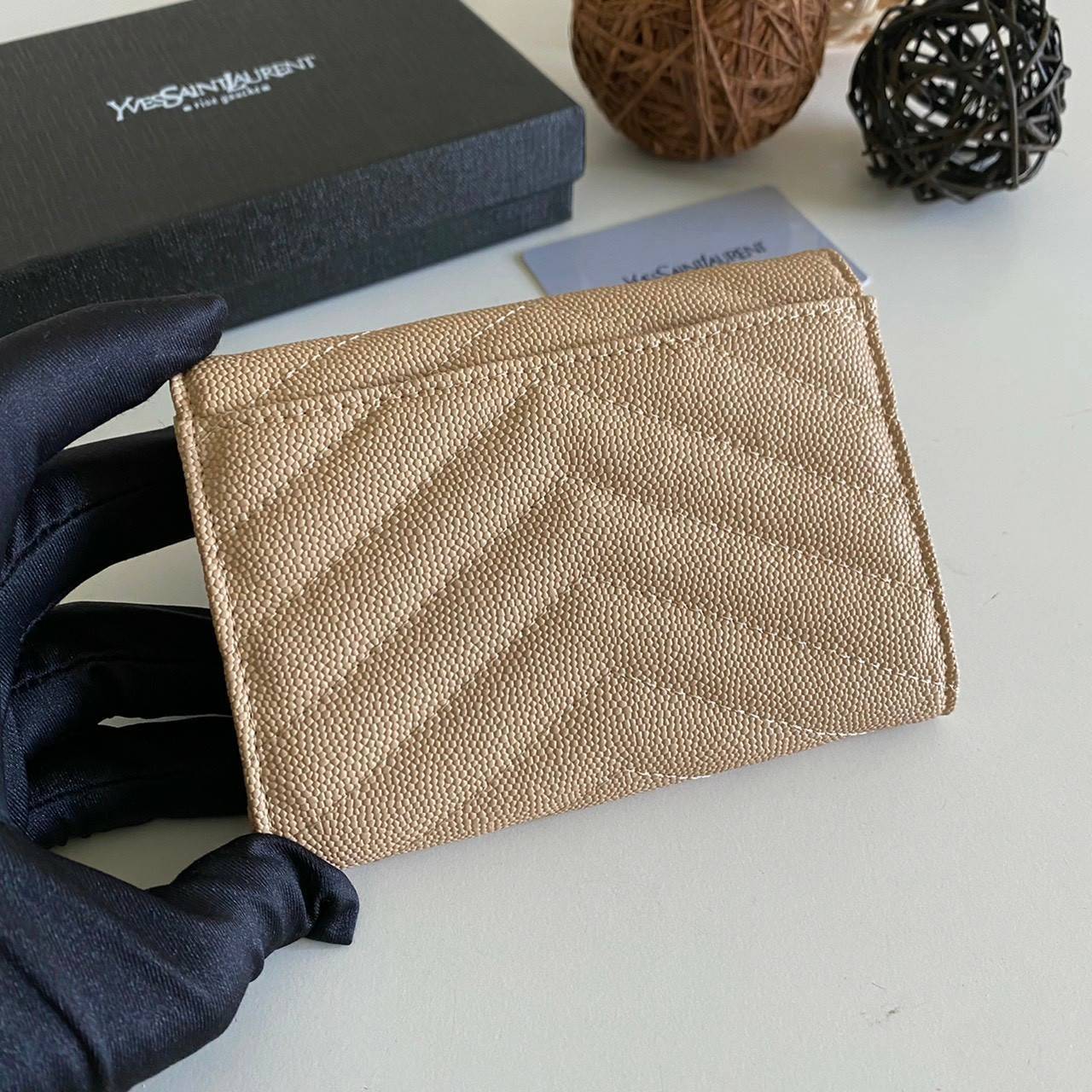 หนังแท้ 12cm YSL SAINT LAURENT GARD HOLDER Small Envelope Monogram Wallet