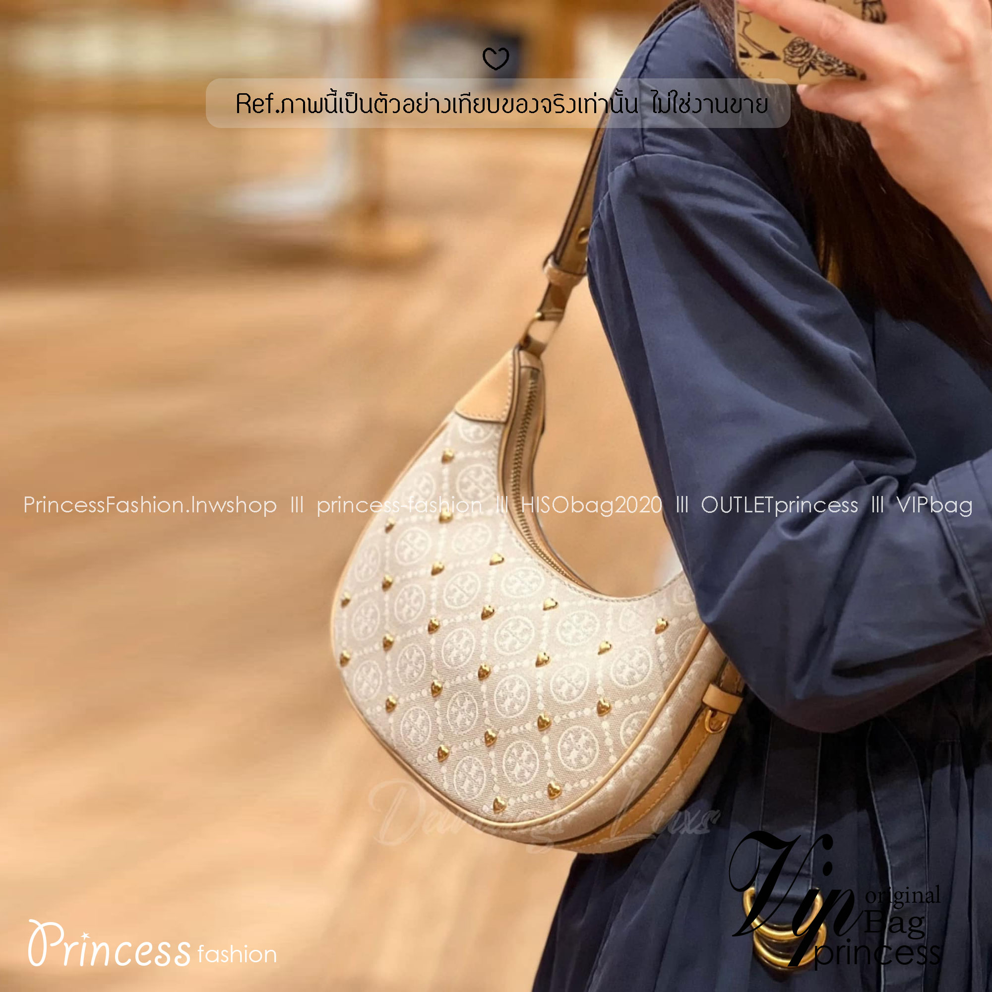 TORY BURCH T Monogram Crescent Bag NEW IVORY MULTI กระเป๋าทรงพระจันทร์เสี้ยวแต่งหัวใจสีทองสวยหรู น่ารักรุ่นใหม่ล่าสุด เกรดท็อปออริ เทียบแท้ 1:1 เกรดดีสุด