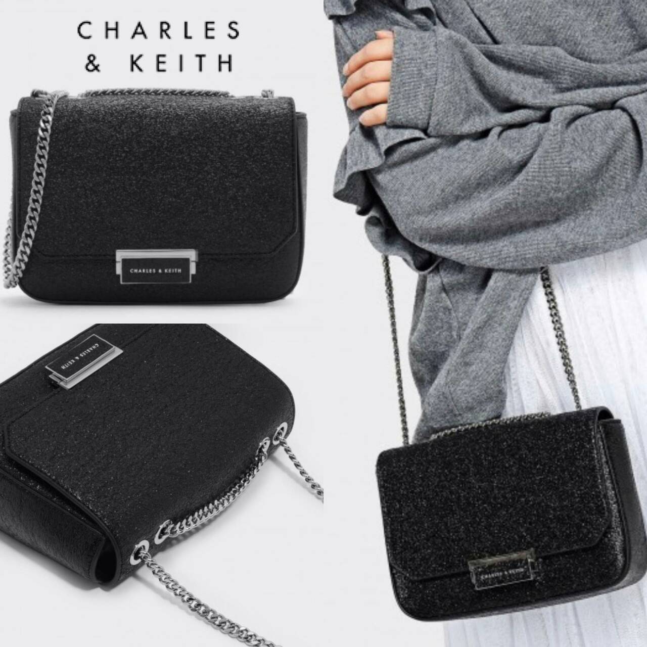 CHARLES & KEITH PUSH-LOCK CHAIN SLING BAG 2018 กระเป๋าสะพายวัสดุหนังคาเวียร์สวยอยู่ทรง ขนาดมินิกำลังดี น้ำหนักเบา เปิดปิดด้วยฝาปิดตัวล็อคปั๊มโลโก้ด้านหน้า ภายใน มีช่องซิป และช่องใส่บัตร มาพร้อมสายสะพายโซ่ยาวสามารถซ้อนสายสั้นสะพายไหล่ หรือสายยาว Crossbodyไ