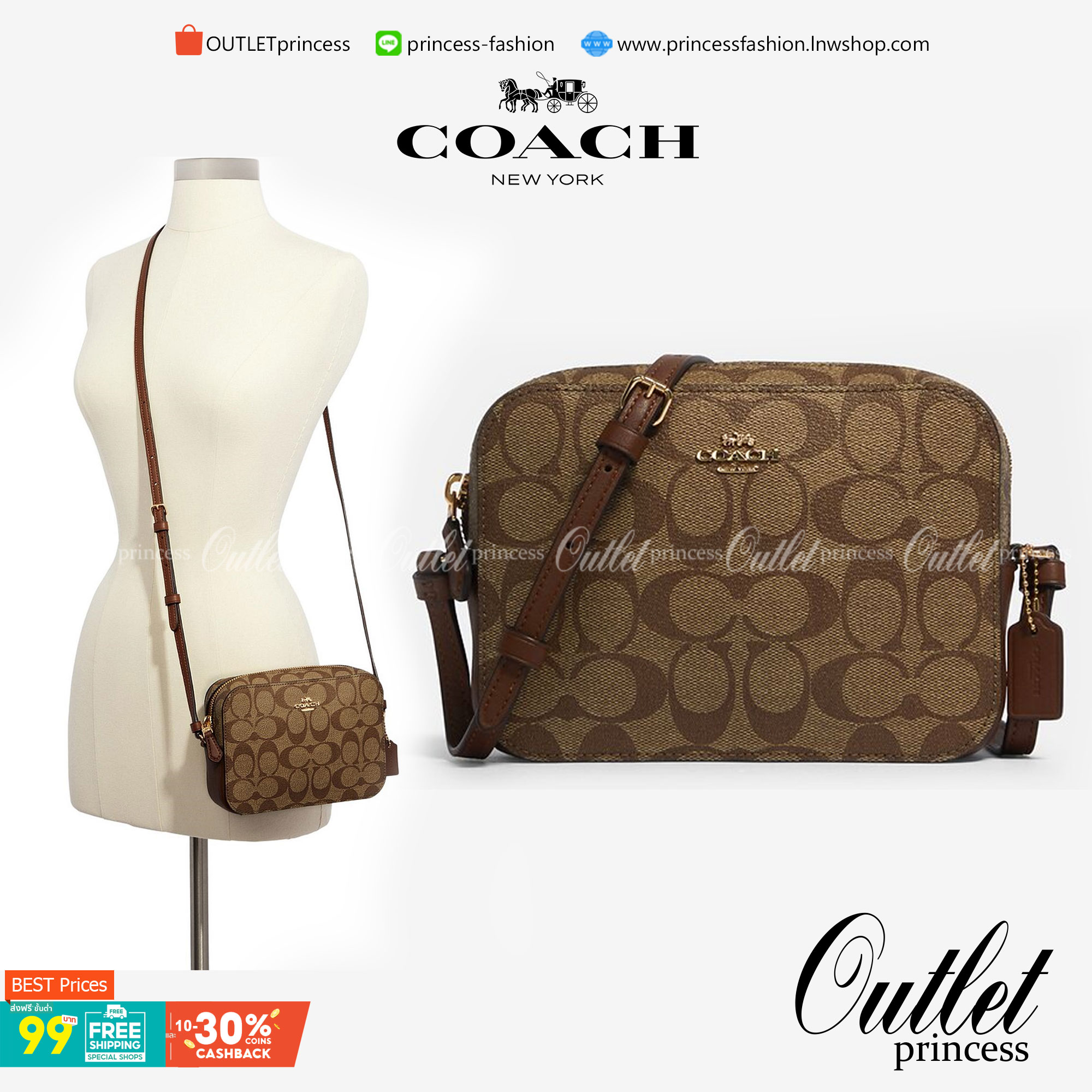 COACH 91677 MINI CAMERA BAG IN SIGNATURE CANVAS ขายดีที่สุด!! กระเป๋าสะพายข้างไซส์มินิ คลาสสิคอยู่ทรง อะไหล่ทองตัดดูหรู วัสดุหนังแคนวาสเคลือบลาย เปิด-ปิดด้วยซิป สายสะพายปรับได้ตามตัว ใบนี้แมทช์ได้ทุกลุค ใช้เป็น everyday bag ได้สบายๆเลยจ้า
