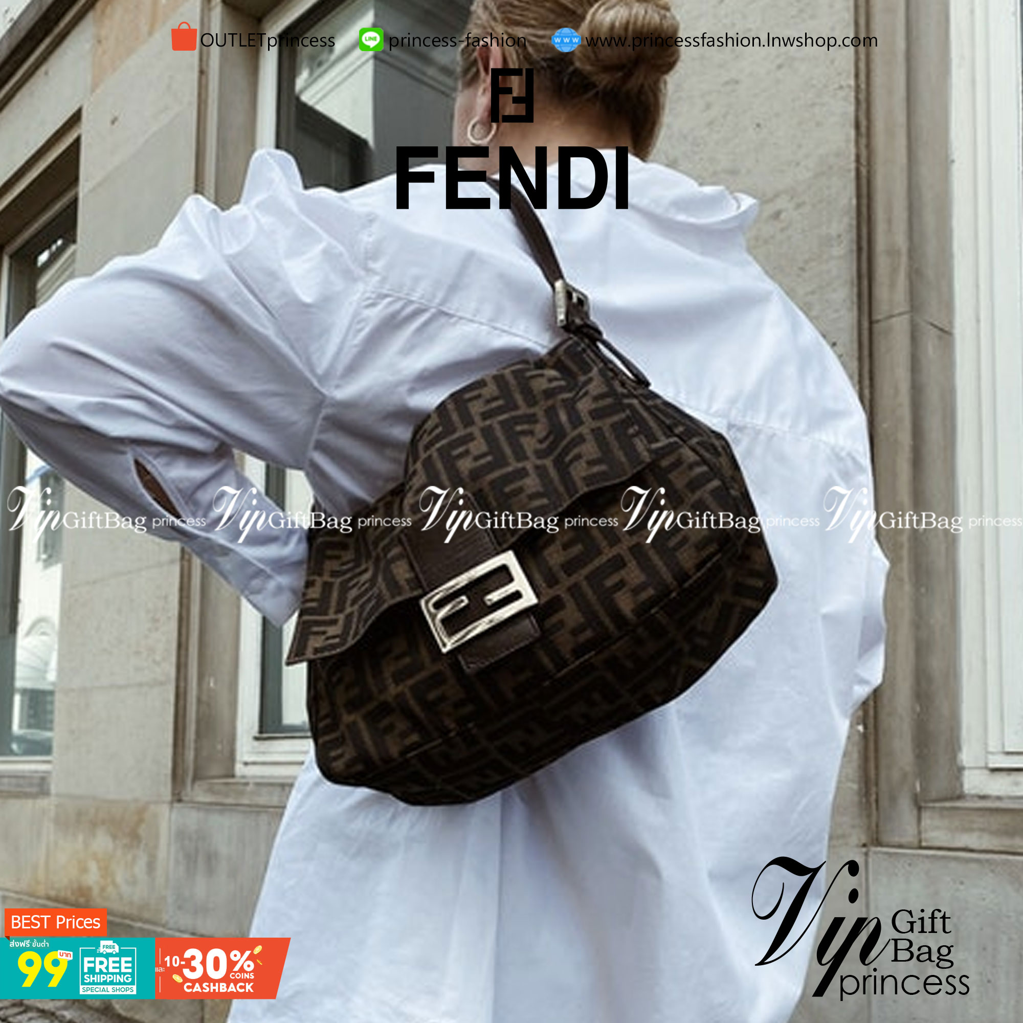 FENDI MAMMA BAGUETTE ZUCCA BROWN FABRIC BAG (GWP) พรีเมี่ยมกิ๊ฟ Limited Edition จาก FENDI วัสดุ CANVAS พิมพ์ลายแบรนด์ เปิดปิดด้วยฝาปิดกระดุมแม่เหล็ก ภายในมีช่องซิป ใส่ของแยกอีกช่อง สามารถใส่กระเป๋าสตางค์ยาว iphone เงิน ของจุกจิกได้ มาพร้อมสายสะพาย2แบบ ถอด