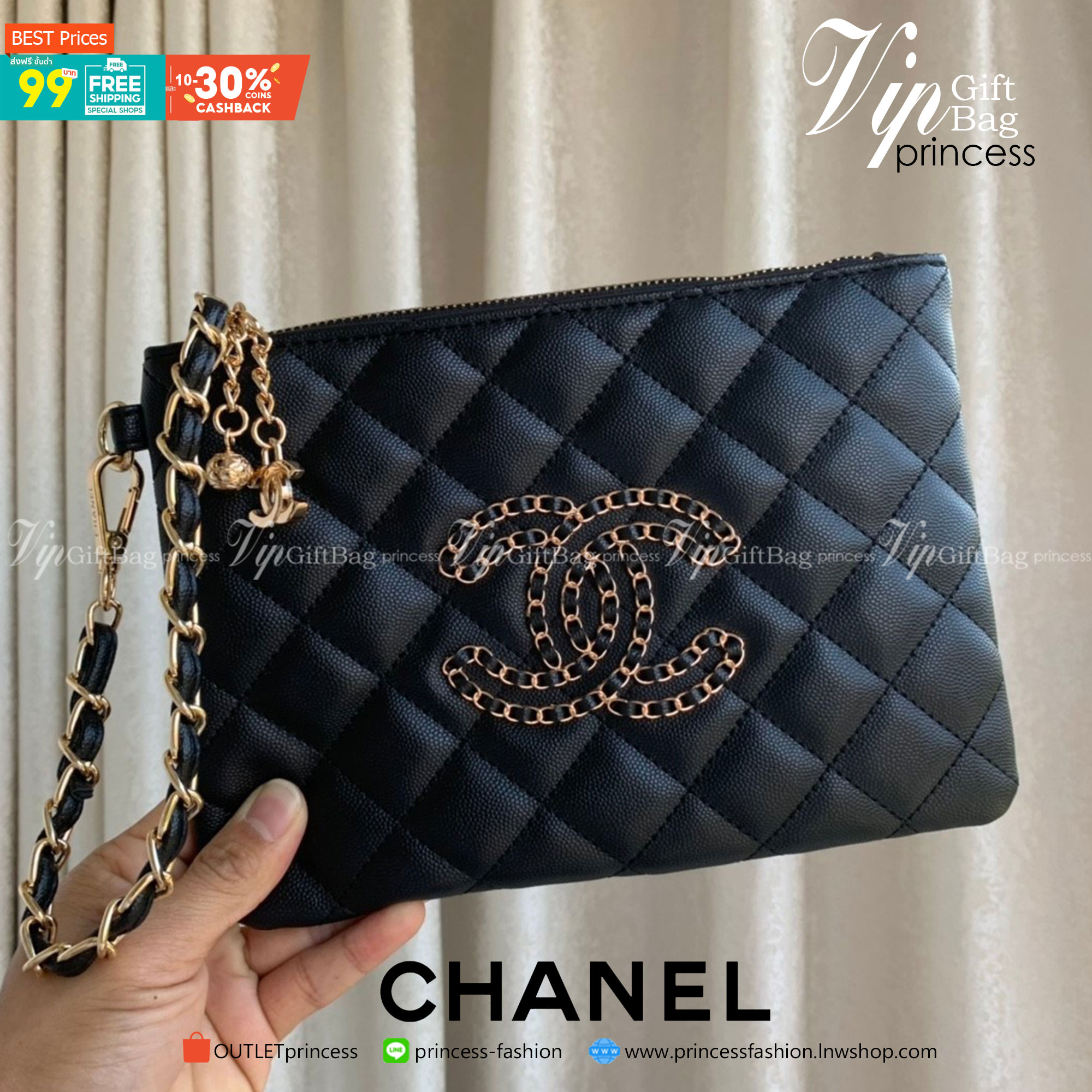 SIZE MEDIUM พร้อมส่งรุ่นขายดี!!! Don't Miss! Chanel Clutch Bag VIP Gift With Purchase (GWP) กระเป๋าคลัชแบนหรือกระเป๋าสตางค์ GWP จาก Chanel Cosmetic Counter Duty free วัสดุหนังคาเวียร์สวยหรูเปิดปิดด้วยซิปสะดวกใช้ ด้านหน้าประดับโลโก้แบรนด์อะไหล่ทองและม