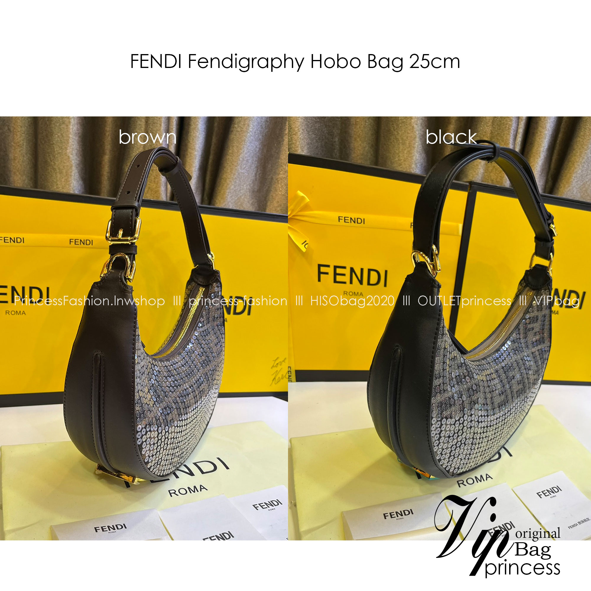 FENDI Fendigraphy Hobo Bag Brown fabric charm / Fendi hobo bag พร้อมส่ง กระเป๋าสะพายไหล่เฟนดิปักเลื่อมรุ่นใหม่ สวยหรู **สินค้าเกรดออริจินอล 1:1 สลับแท้