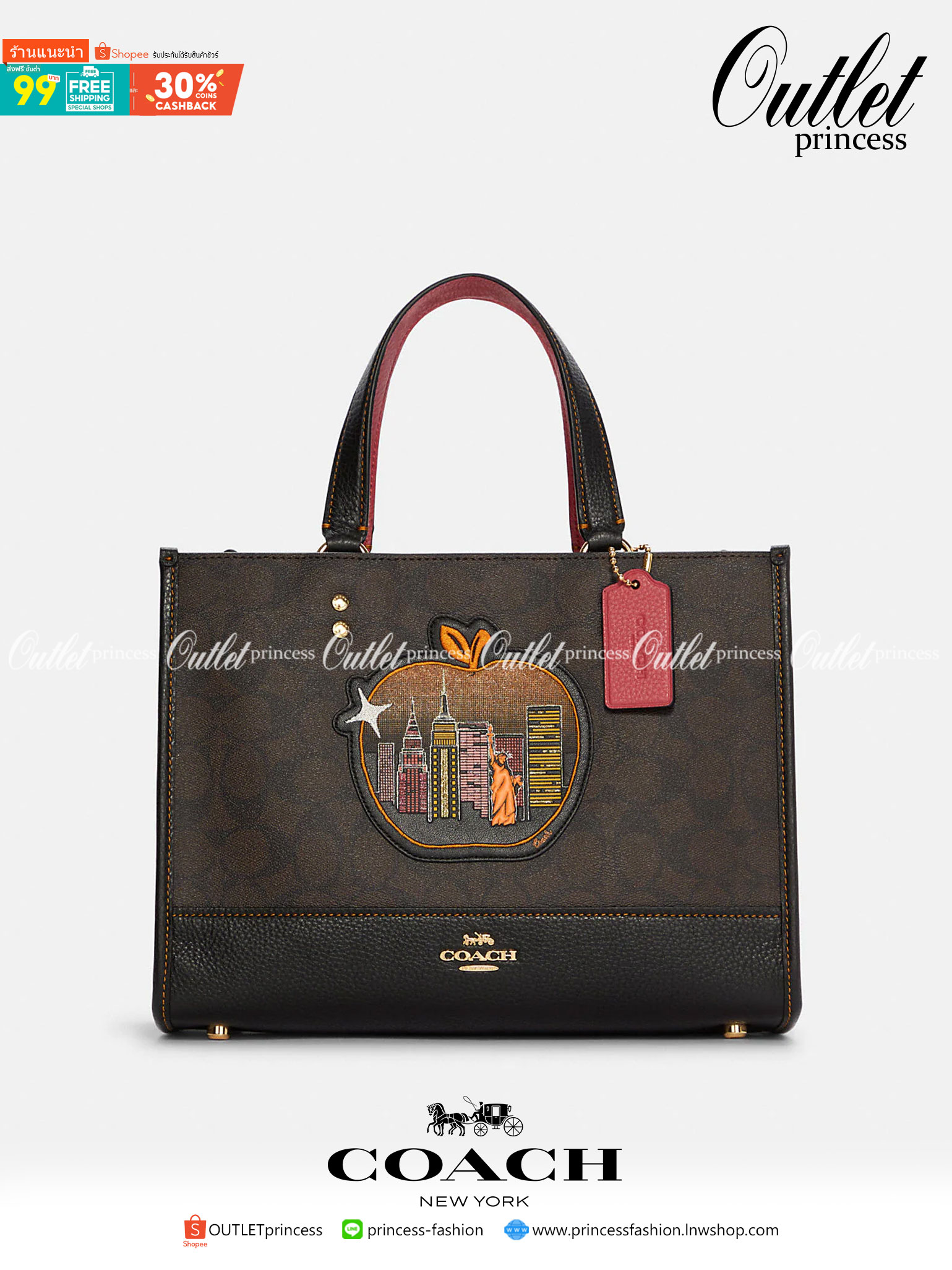 OUTLET 】COACH C6921 DEMPSEY CARRYALL IN SIGNATURE CANVAS WITH SOUVENIR SKYLINE APPLE ใหม่ล่าสุด จัดใหญ่ให้ไปเลย!! กระเป๋าทรงโท้ทไซส์ใหญ่กำลังสวย ใส่ของได้แบบจุๆ โดดเด่นด้วยโลโก้สุดหรู วัสดุหนังแคนวาสคุณภาพดีสลับหนัง pepble ภายในกระเป๋าเป็นช่องโล่ง ใส่ของส