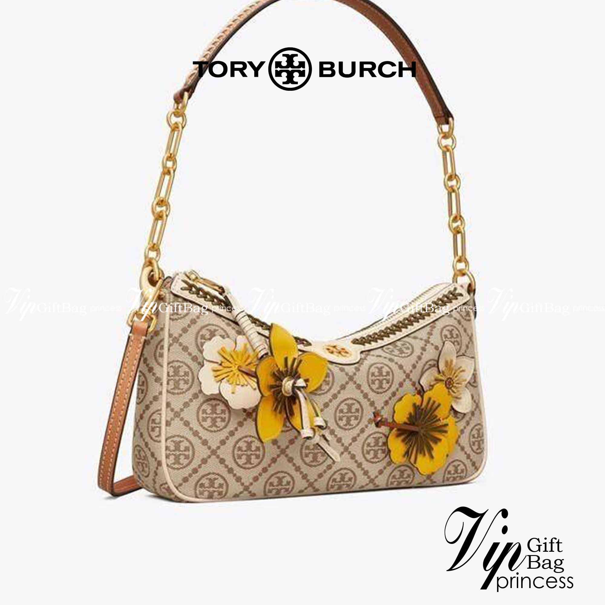 Tory Burch T Monogram Braided Floral Studio Shoulder Bag กระเป๋าถือหรือสะพายไหล่ลาย Monogramวัสดุผ้าJacquard+หนังแท้ ตัดเย็บอย่างปราณีต ผสานงานแกะสลักหนังสุดวิจิตร ประดับตกแต่งด้วยดอกไม้เพิ่มความหรู เป็นกระเป๋าดอกไม้ของฤดูกาลนี้ที่เพิ่มความซับซ้อนและแสนหว
