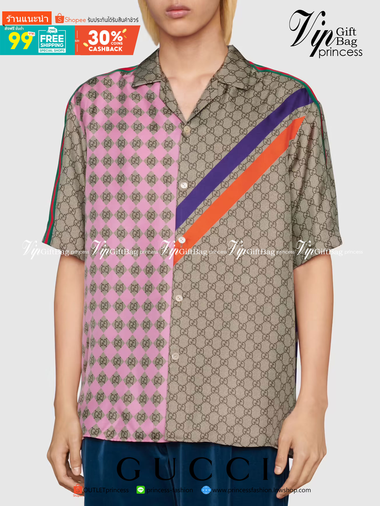 Gucci Geometric GG print bowling shirt Multicolor geometric GG print silk twill / Gucci Men's Shirts / Gucci Shirts งานเกรดออริจินอล พิมพ์ลายคมชัด มีป้ายแท็กที่คอเสื้อทุกตัว พร้อมส่งที่ไทย ภาพสินค้าถ่ายจากงานขายจริง ใช้งานต่างประเทศได้