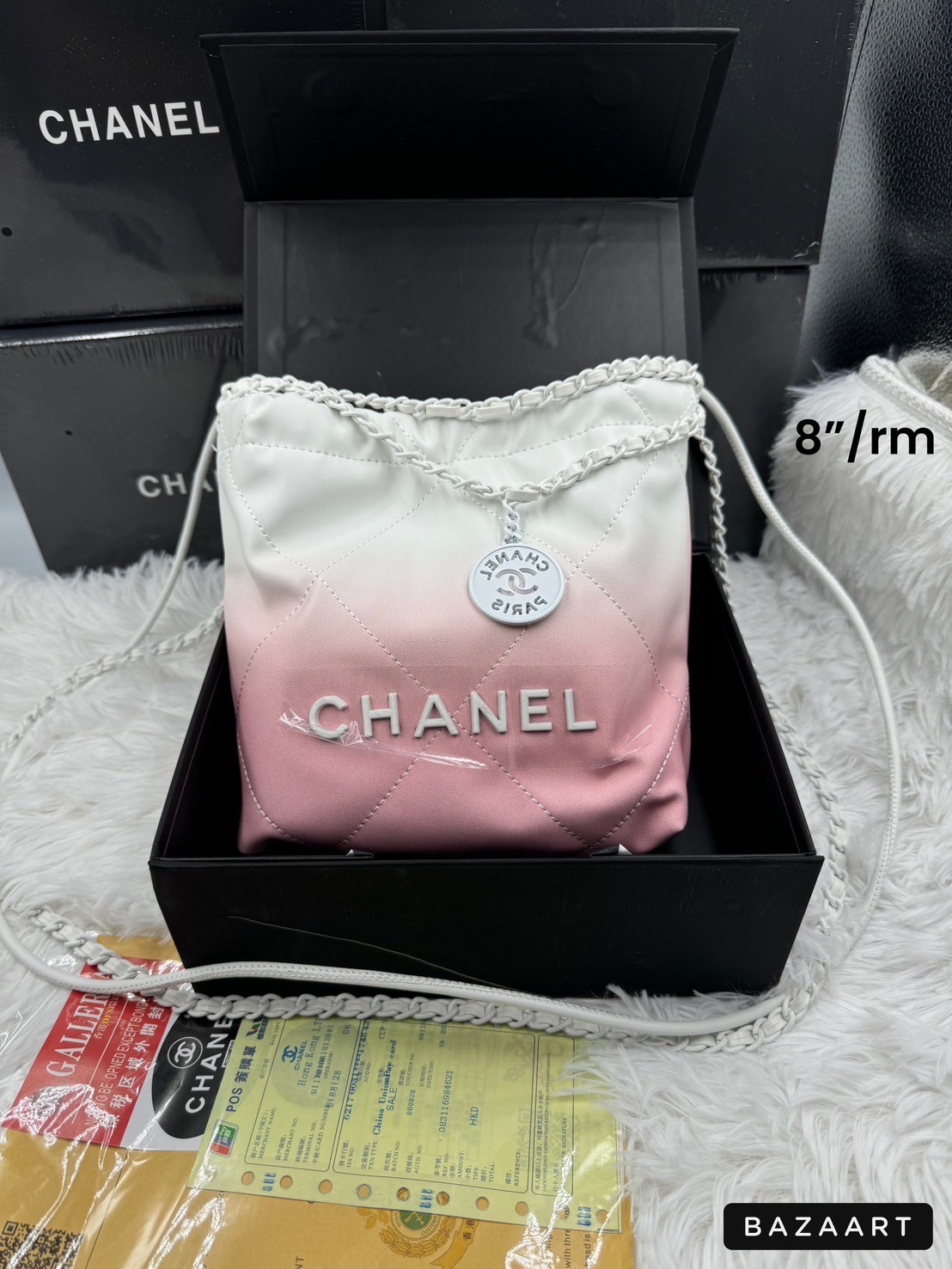 CHANEL 22 Mini Handbag Patent Gradient & Lacquered Metal White / SS22 Logo CC shopping tote กระเป๋าทรงโท้ทไล่สี รุ่นใหม่ มีเสน่ห์ดูดี ดูแพงที่สุด เกรดไฮเอน 1:1