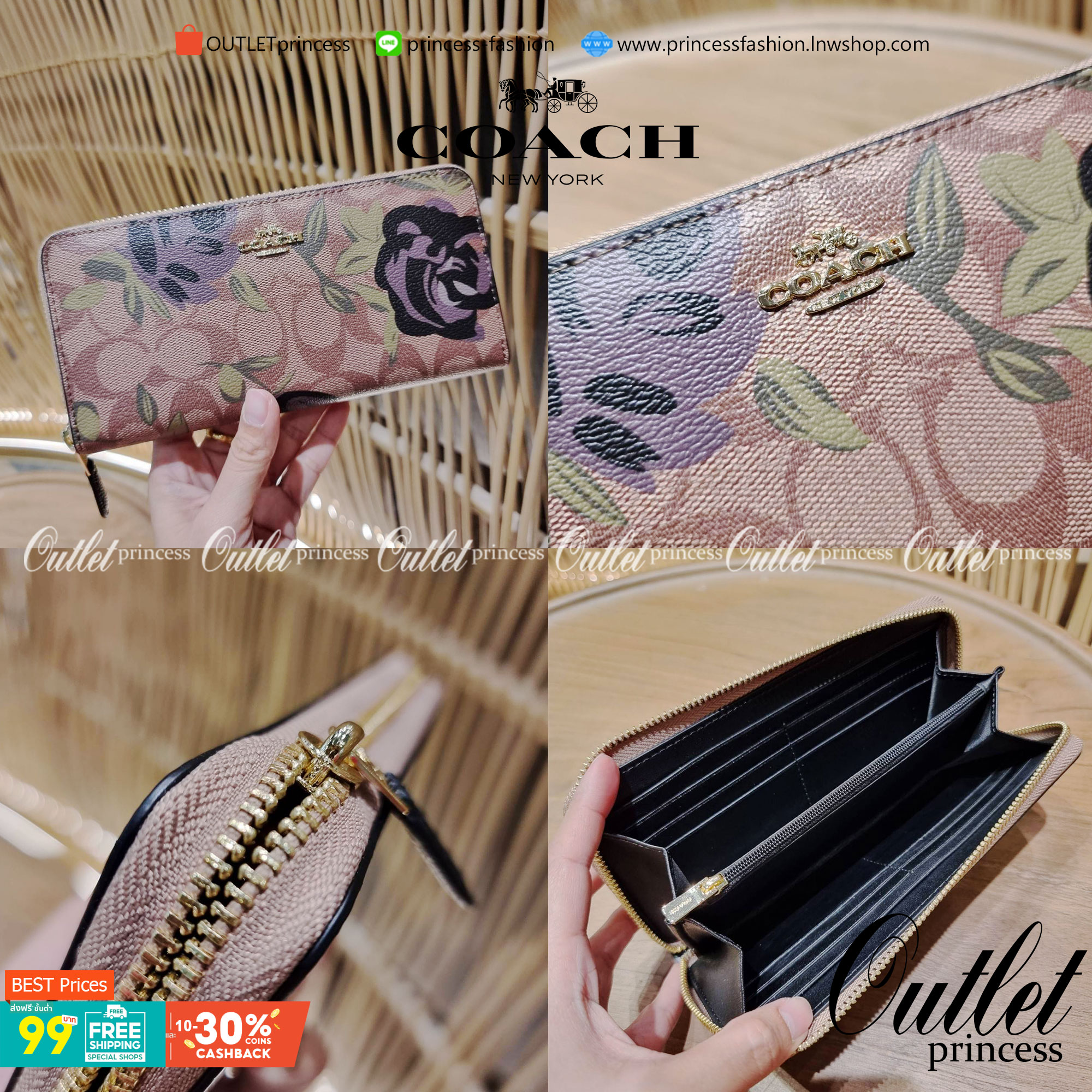 COACH ACCORDION ZIP WALLET IN SIGNATURE CANVAS WITH PRAIRIE ROSE / JUMBO FLORAL / CAMO ROSE FLORAL / MEDLEY BOUQUET PRINT ((F31572/F39189/F26290/F2859)) สวยคลาสสิคไม่มีใครเกิน!! กระเป๋าสตางค์ใบยาว ลวดลายสวย สีสันโดดเด่น วัสดุหนังแคนวาสเคลือบ เปิด-ปิดด้วยซ